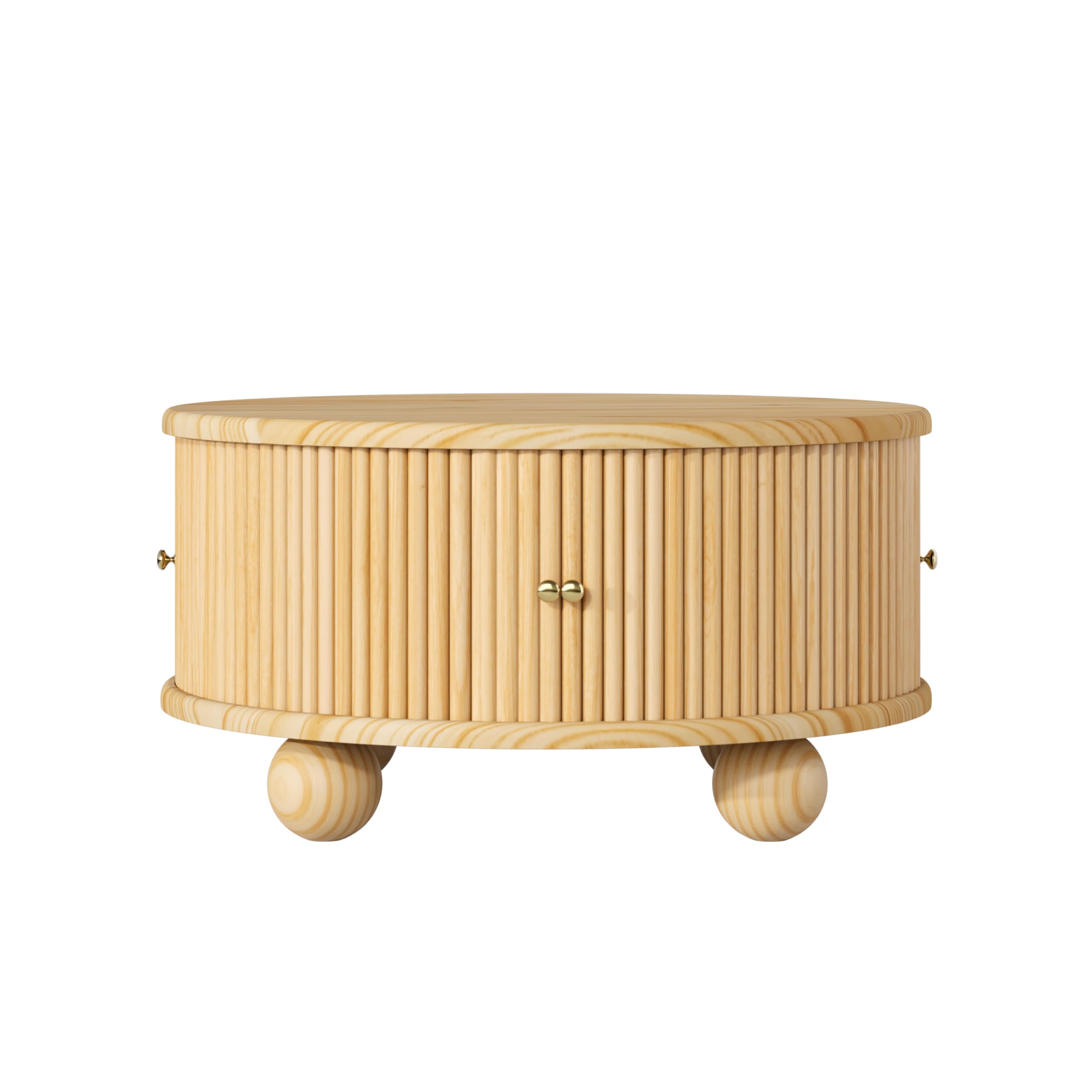 Merax Modern Round Fluted Coffee Table with Storage & Sliding Door – 31.8" Solid Pine Wood Center Table – Living Room Cocktail Table with Hidden Compartment, Natural