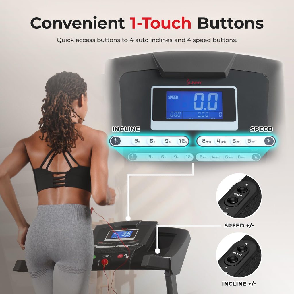 Sunny Health & Fitness Premium Smart Treadmill with Auto Incline, Dedicated Speed Buttons, Double Deck Technology, Digital Performance Display, BMI Calculator and Pulse Sensors - SF-T7515SMART
