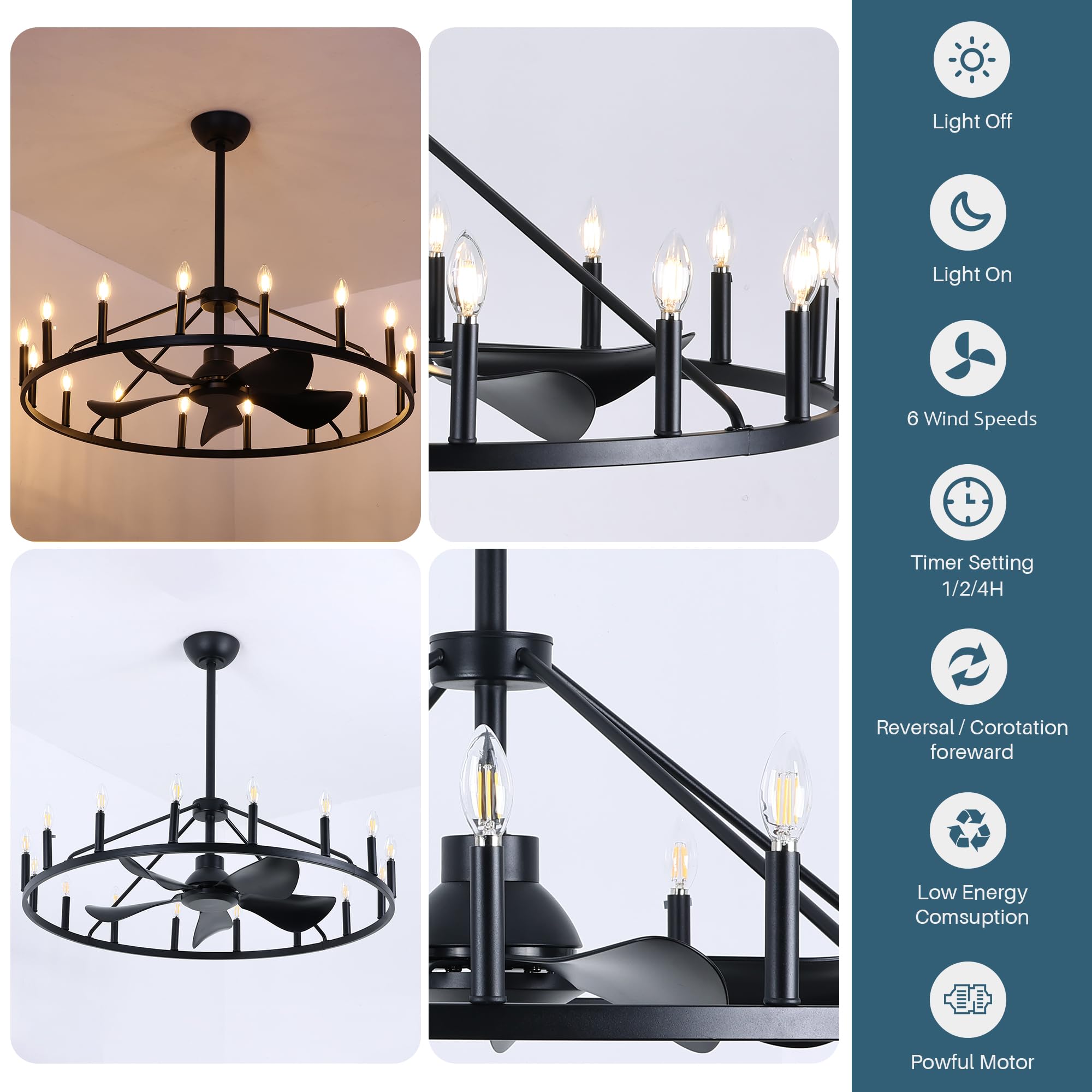 COCOSTAR 44" Black Wagon Wheel Chandelier Farmhouse Ceiling Fan with Light and Remote,16-Lights Large Fandelier with Candle,Rustic Big Light Fixture for Living Room Kichen Dining Room