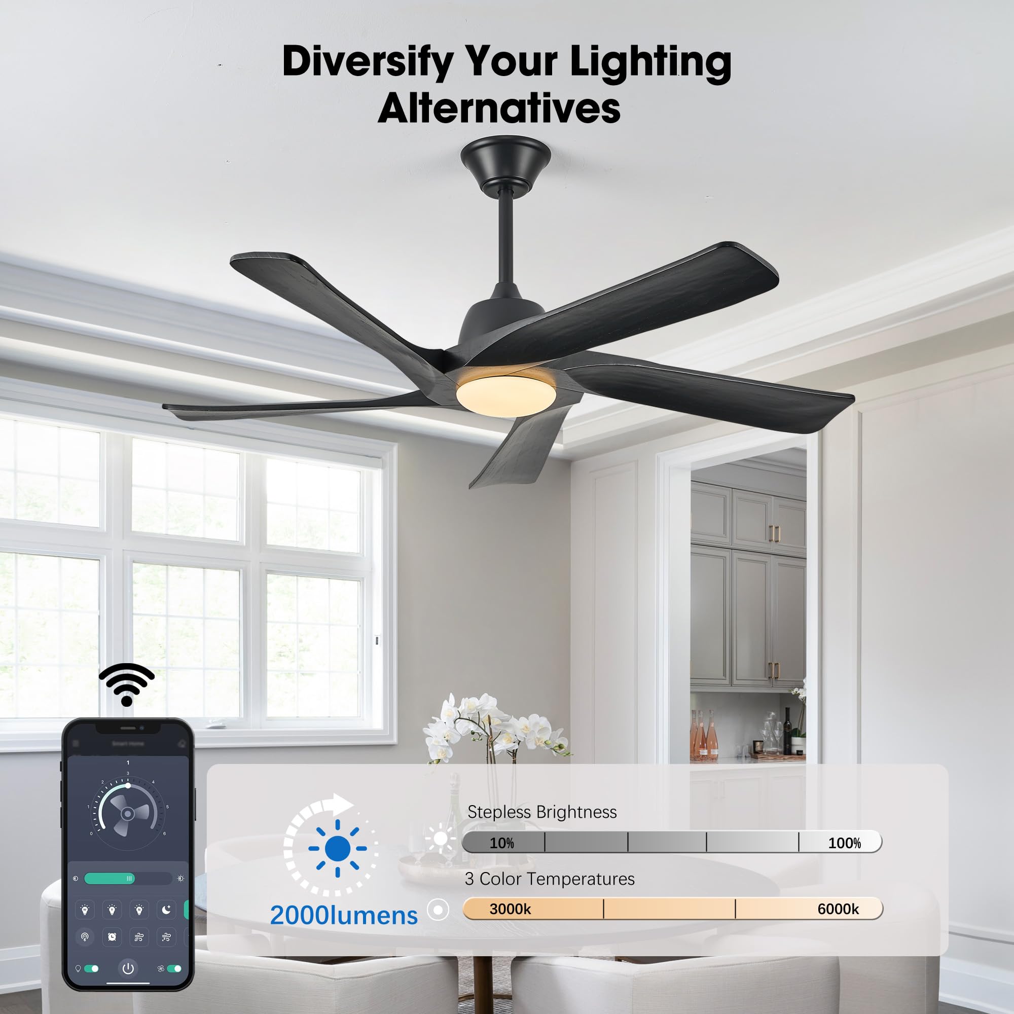 LVYEAYOU Ceiling Fan with Light, 52 Inch Solid Wood Ceiling Fans, Remote and APP Control, 3-color Dimmable, DC Motor, 6-speed Reversible, for Bedroom, Living Room, Black