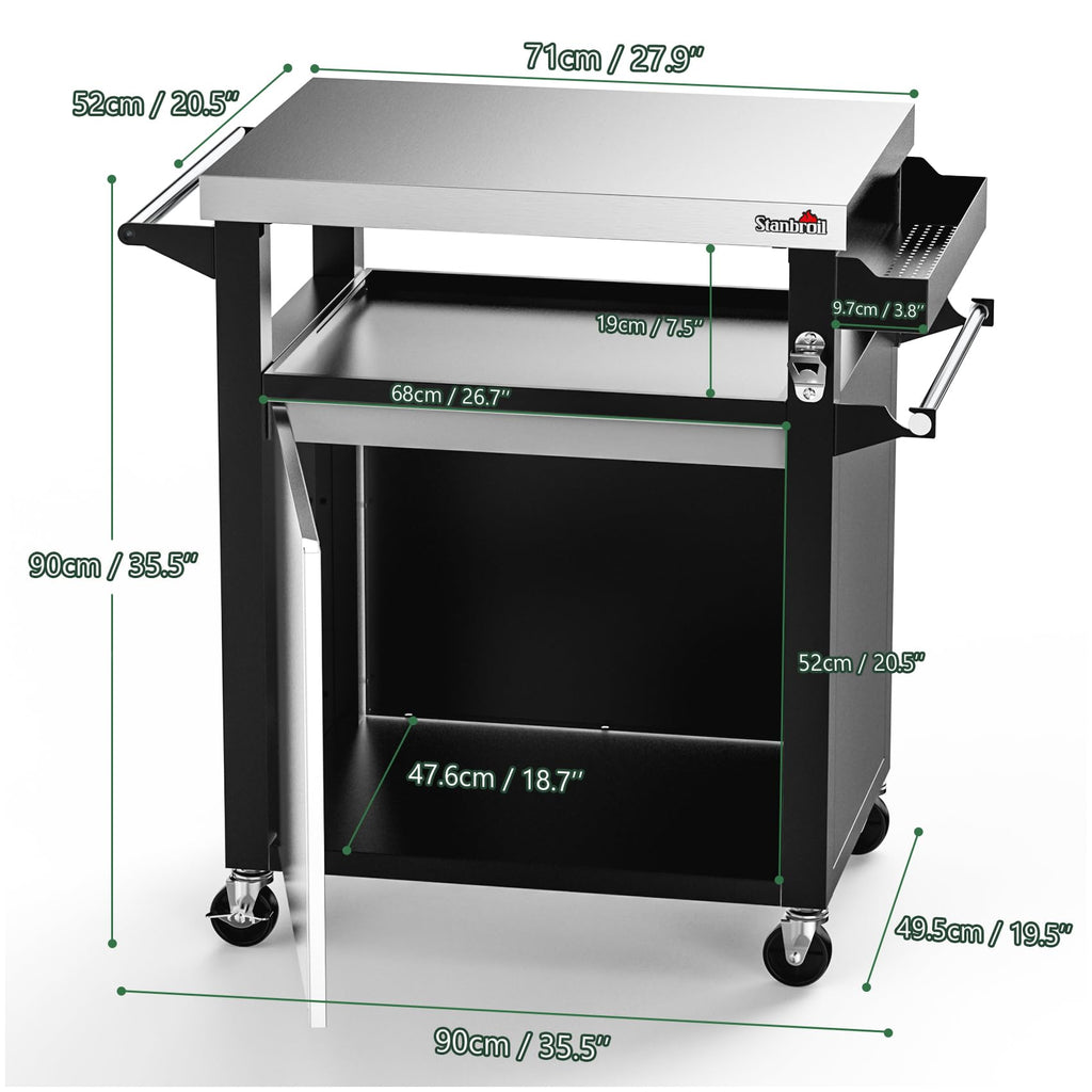 Stanbroil Rolling Grill Table Cart with Storage Cabinet, 3-Shelf Movable Prep Table Outdoor Bar, Multifunctional Grill Cart with Stainless Steel Tabletop, Paper Towel Holder