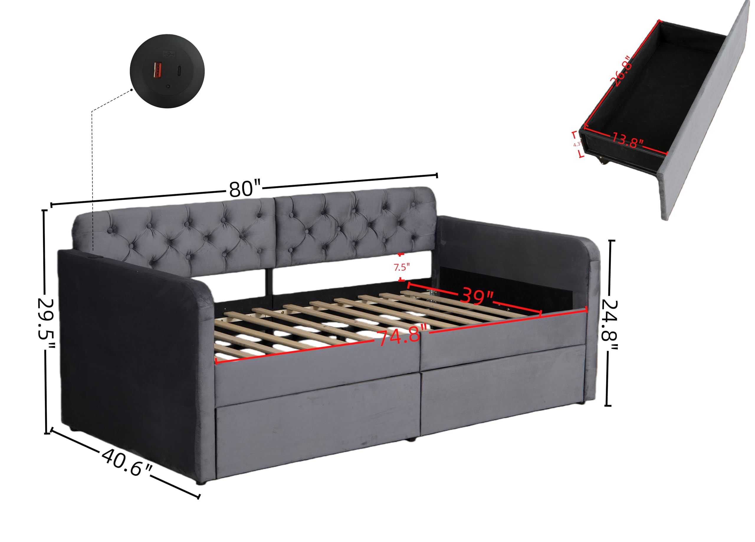KEIKI Twin Upholstered Daybed with 2 Storage Drawers & USB Charging, Plush Velvet Button-Tufted Headboard, Sofa Bed for Living Room or Bedroom, No Box Spring Needed, Gray