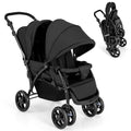 GLACER Foldable Twin Stroller, Double Baby Stroller w/Multi-Level Backrest, Canopy, Handle & Footrest, Safety Belt & Brake System, Travel Tandem Seating Stroller w/Lockable Wheels (Black)