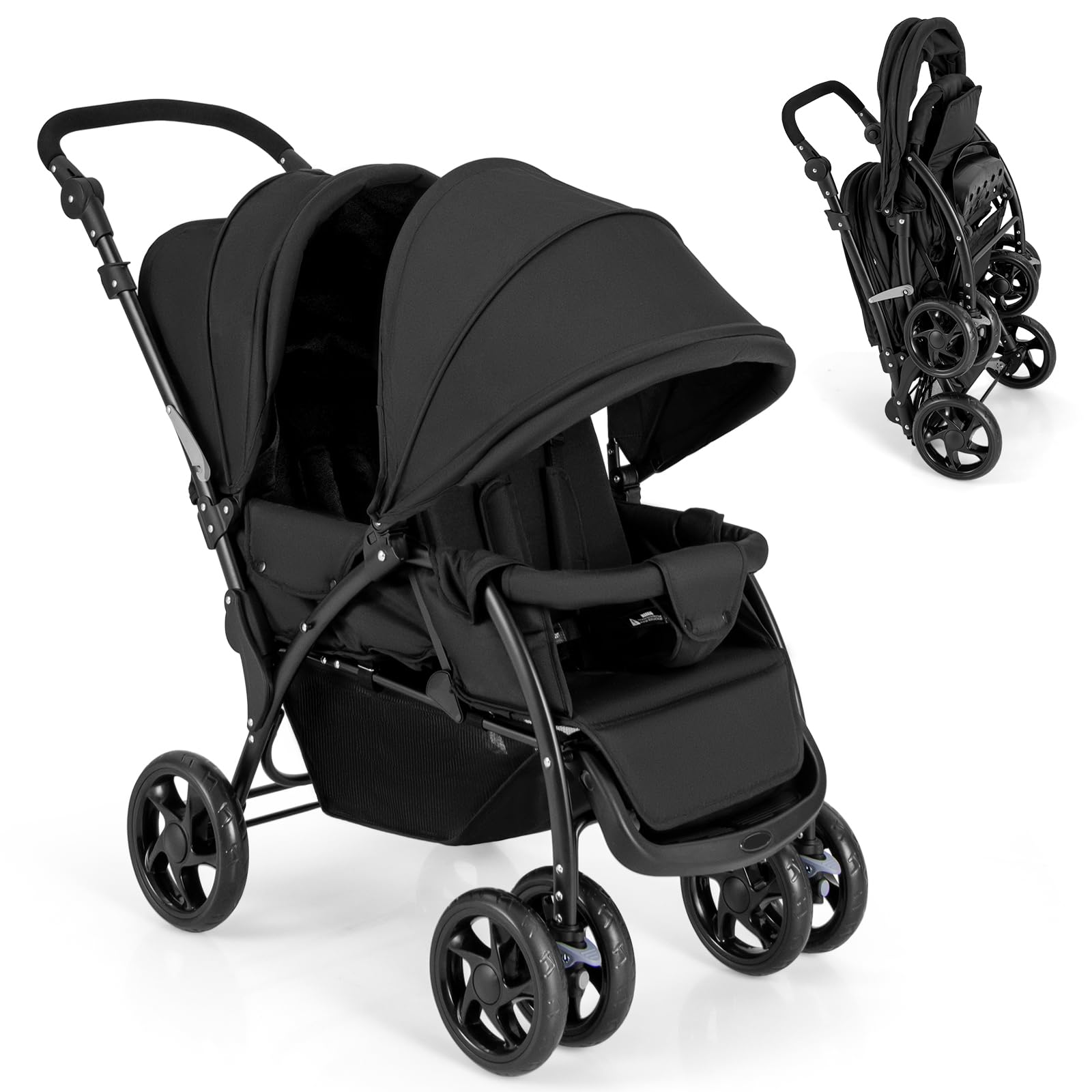 GLACER Foldable Twin Stroller, Double Baby Stroller w/Multi-Level Backrest, Canopy, Handle & Footrest, Safety Belt & Brake System, Travel Tandem Seating Stroller w/Lockable Wheels (Black)