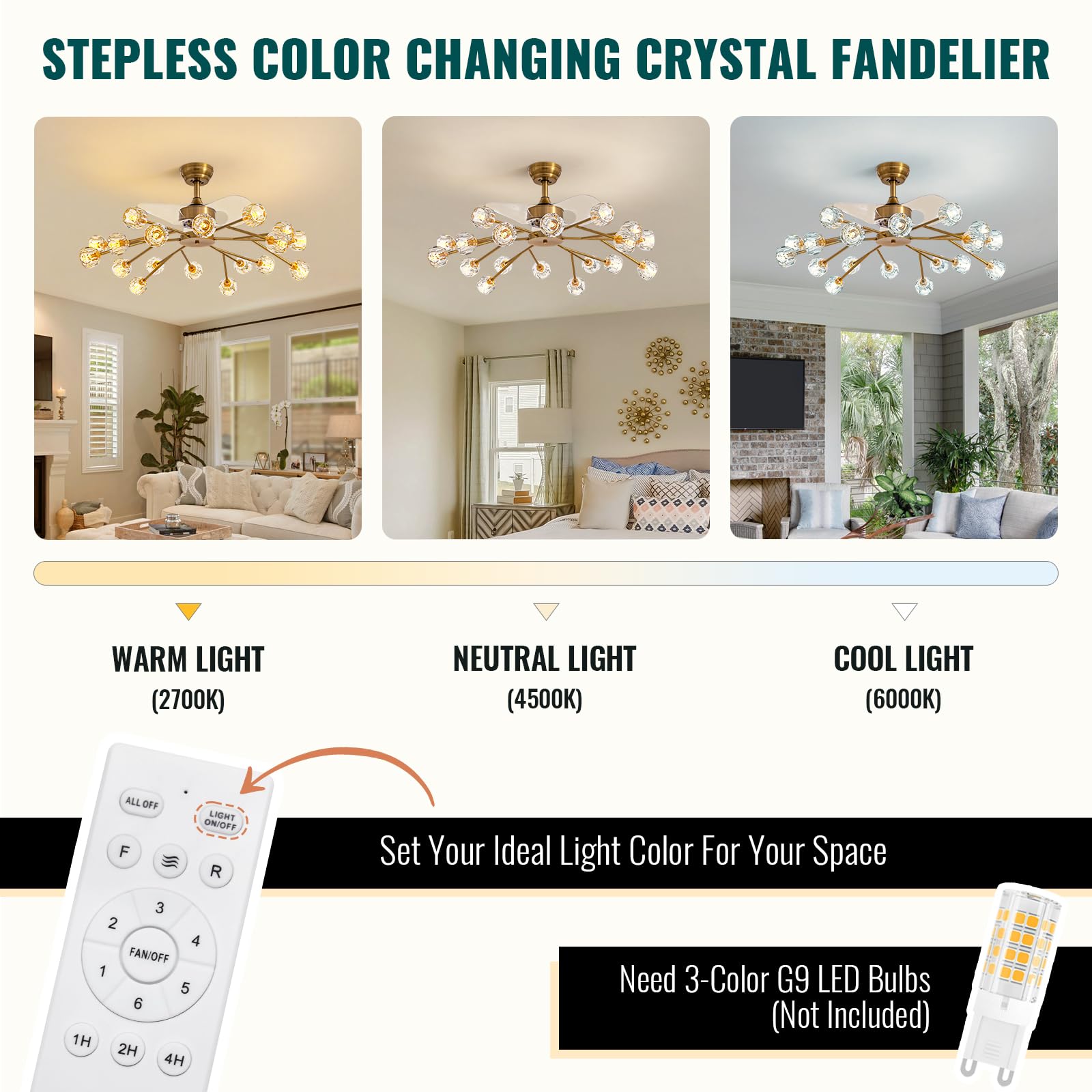 Siljoy 18 Lights Modern Crystal Ceiling Fan Light and Remote Control, Farmhouse Brass Gold Sputnik Crystal Fandelier, Reversible Ceiling Fan Light Kit for Living Dining Room Bedroom 42 Inches