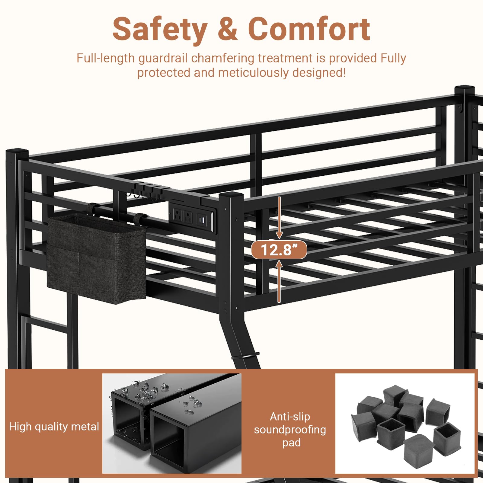XUWANSHANG Twin XL Over Queen Bunk Bed Frame, Heavy Duty Metal Loft Bed for Adults/Teens, 350/600LB Capacity w/Ladder & Guardrail, Noise-Free Steel Slats, No Box Spring Required, Black
