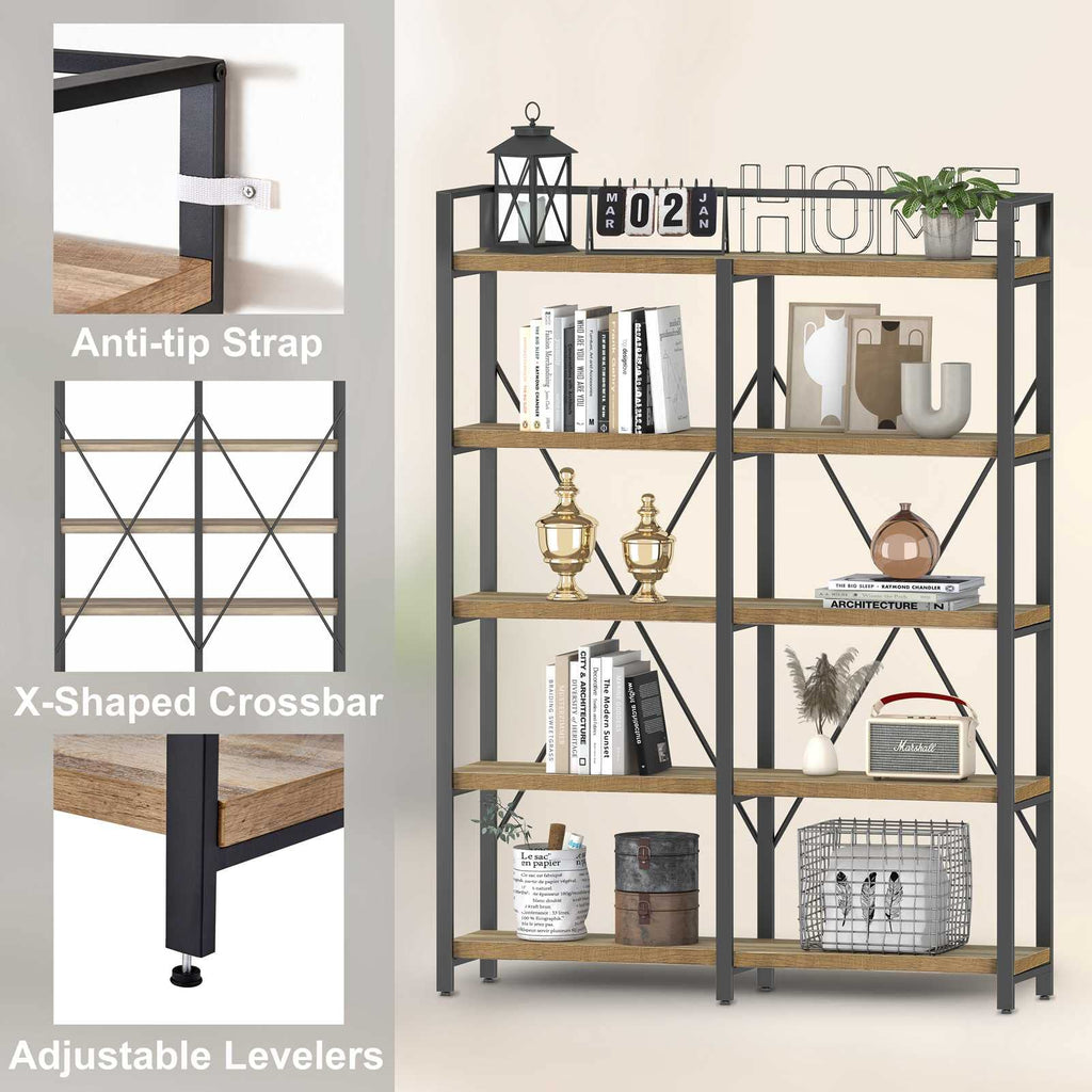 FATORRI Bookshelf, 5 Tier Industrial, Tall Etagere Bookcase, Rustic Wood and Metal Book Shelf with Large Open Shelving Unit for Home Office Living Room (Rustic Oak, 51 Inch Wide)