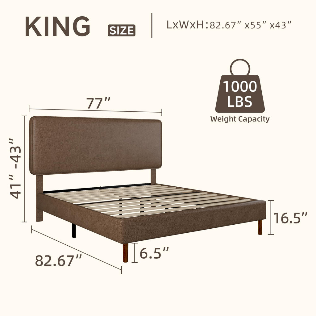 Lcwtvgxr King Size Leather Platform Bed Frame with Adjustable Upholstered Headboard, Solid Wooden Legs, No Box Spring Needed, Easy Assembly, Noise Free, Brown