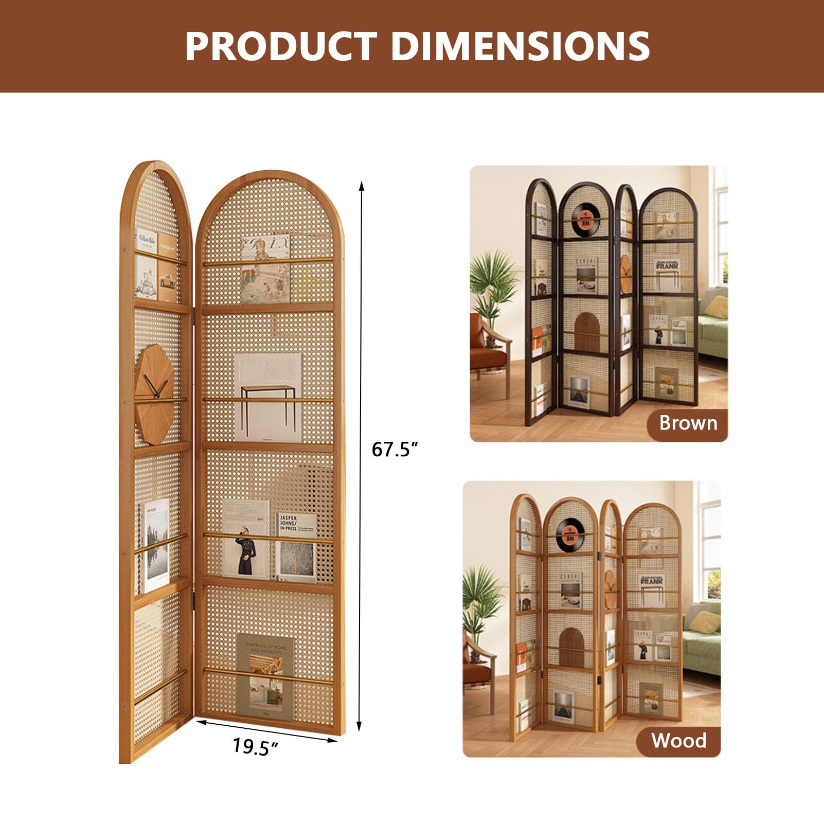 Rattan Room Divider Portable Partition with Built-in Bookshelf, 67" Foldable Privacy Screen for Room Separation, Home Office, Bedroom, 2 Panel Design