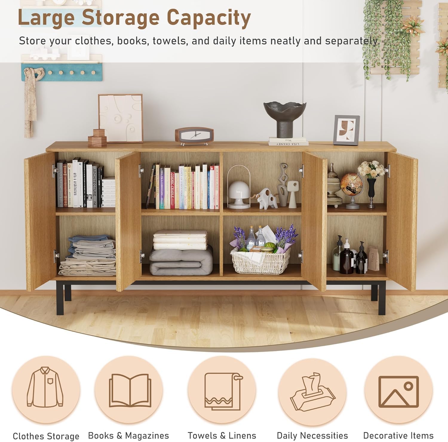 Garvee 60 Inch Sideboard Buffet Cabinet with Fluted Doors, Modern Wood Storage Cabinet with Adjustable Shelf, Freestanding Coffee Bar for Dining Room Living Room