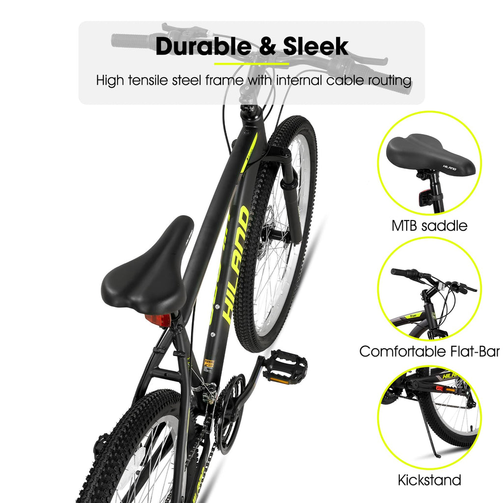 HH HILAND Mens and Womens Mountain Bike, 26 Inch 18 Speed Mountain Bicycle with Dual Disc Brake, Front Suspension Fork, High Carbon Steel Frame Urban Commuter Bike for Adults, Black Yellow