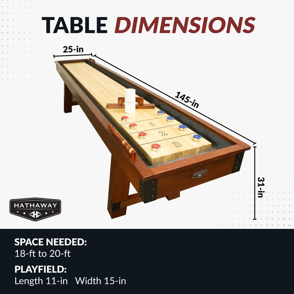 Hathaway Cheyenne 12 Ft Shuffleboard Table for Family Arcade Game Room - with Poly-Coated Playfield, Built-in Scorer & Cabinet, Climate Adjusters, Leg Levelers, 8 Pucks, Brush & Wax – Rustic Oak