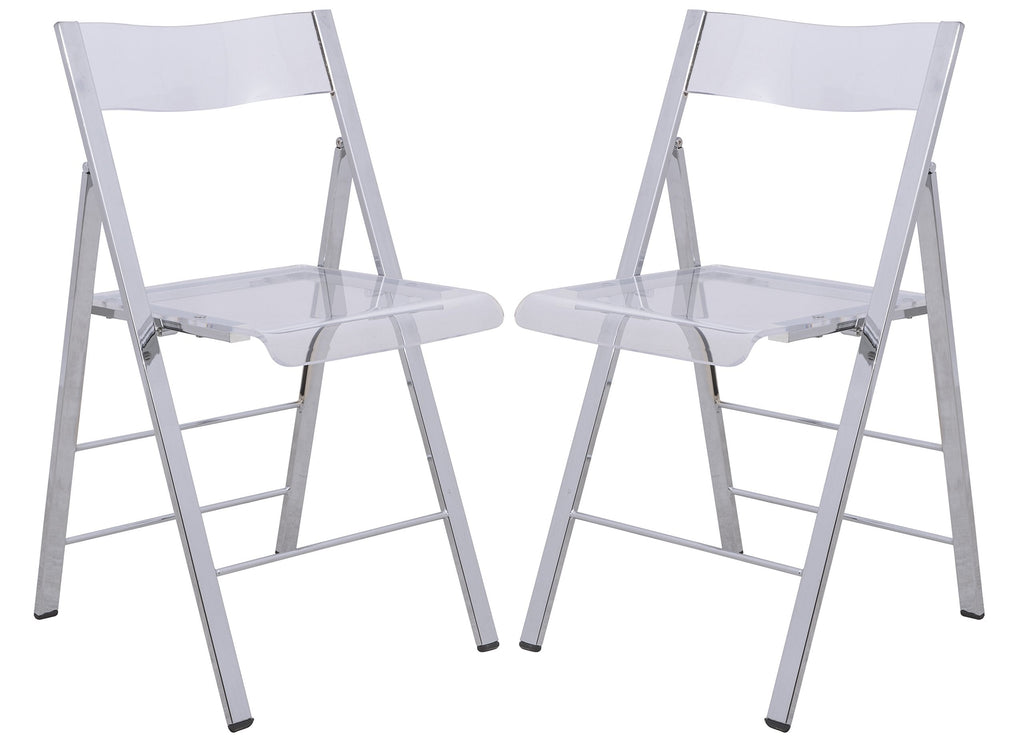 LeisureMod Transparent Acrylic Folding Chair, Lightweight Iron Chrome Base, Comfortable Clear Desk Chair, No Assembly Needed (Set of 2) in Clear