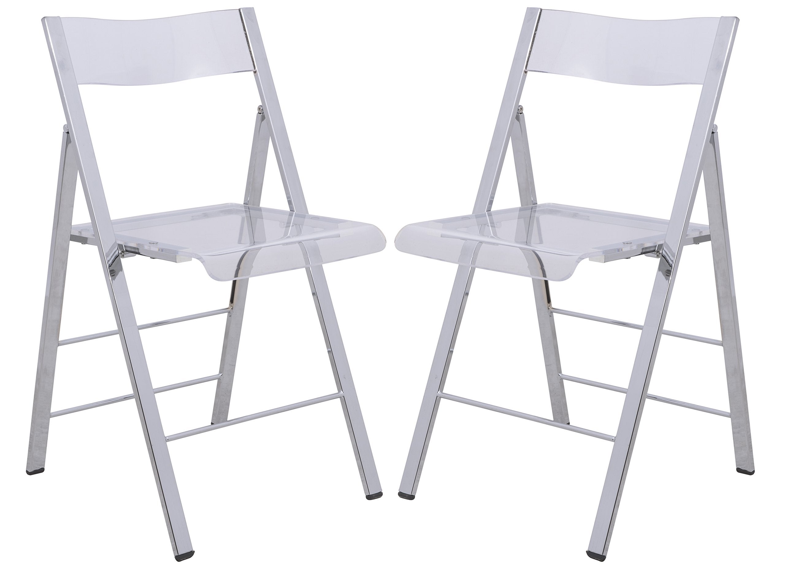 LeisureMod Transparent Acrylic Folding Chair, Lightweight Iron Chrome Base, Comfortable Clear Desk Chair, No Assembly Needed (Set of 2) in Clear