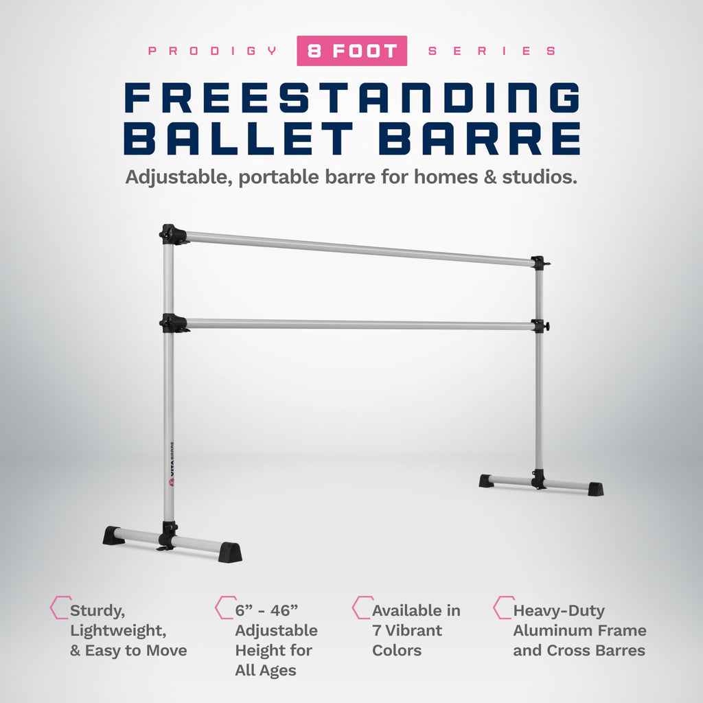 VITA Barre Portable Freestanding Double Ballet Barre, Prodigy, 8 Ft Bars, Satin Silver | Adjustable Height, USA Made, Home or Gym Exercise Equipment for Kids & Adults | Dance, Fitness, Pilates