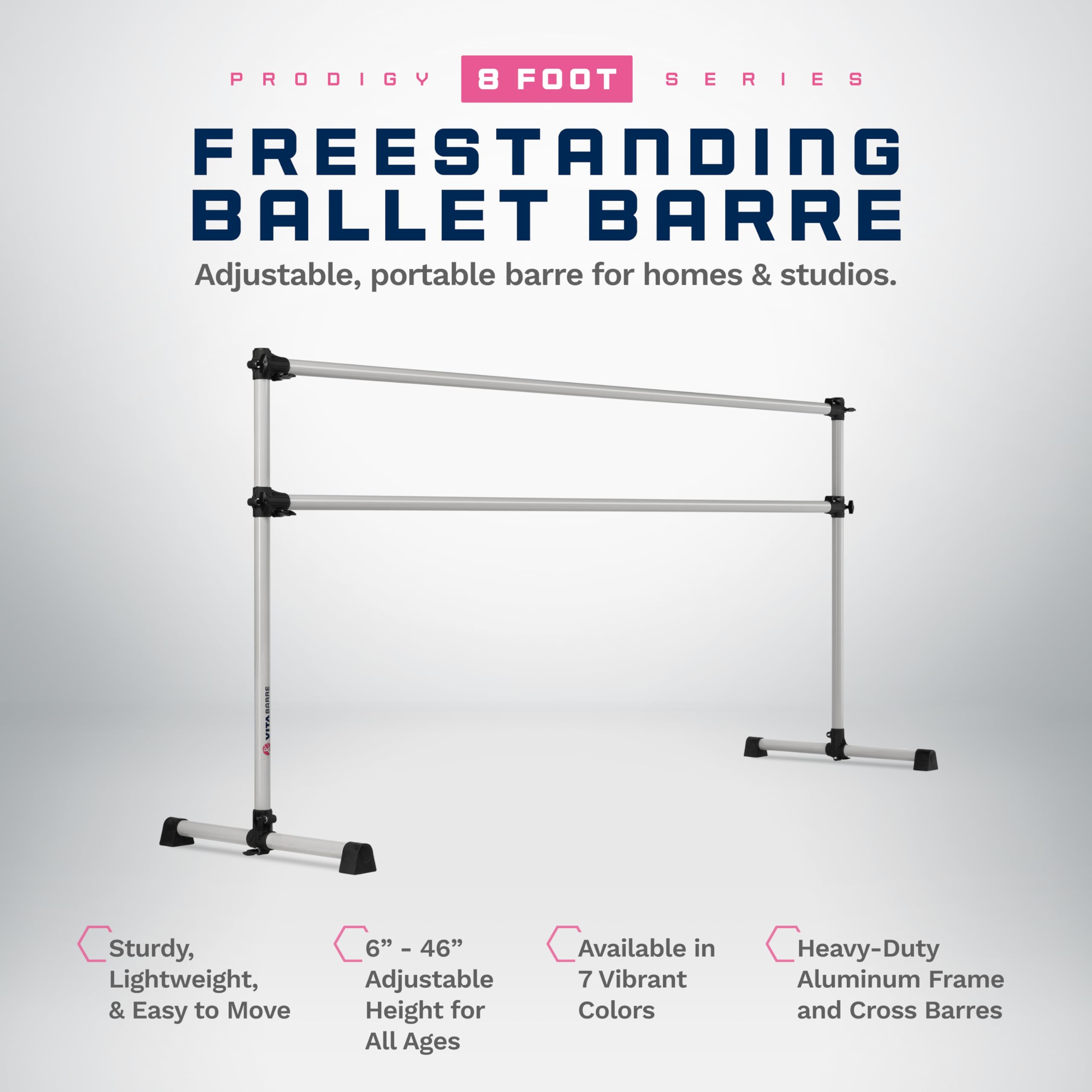 VITA Barre Portable Freestanding Double Ballet Barre, Prodigy, 8 Ft Bars, Satin Silver | Adjustable Height, USA Made, Home or Gym Exercise Equipment for Kids & Adults | Dance, Fitness, Pilates