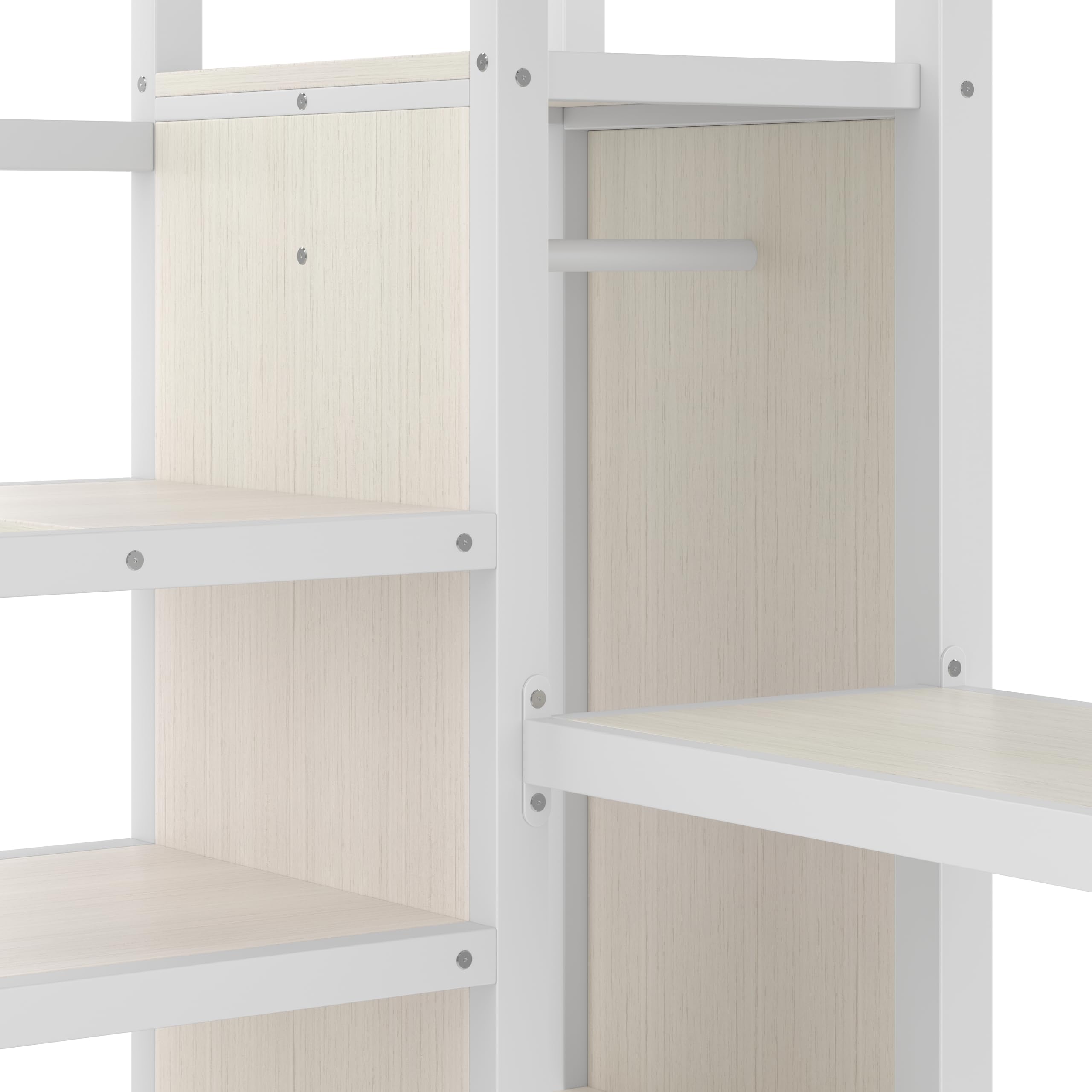 KEIKI Metal Loft Bed Queen Size with L-Shaped Desk, USB Port, Wardrobe, Adjustable Shelf, and LED Lights, High Loft Bed with Stairs for Teens and Adults, White Wood Grain