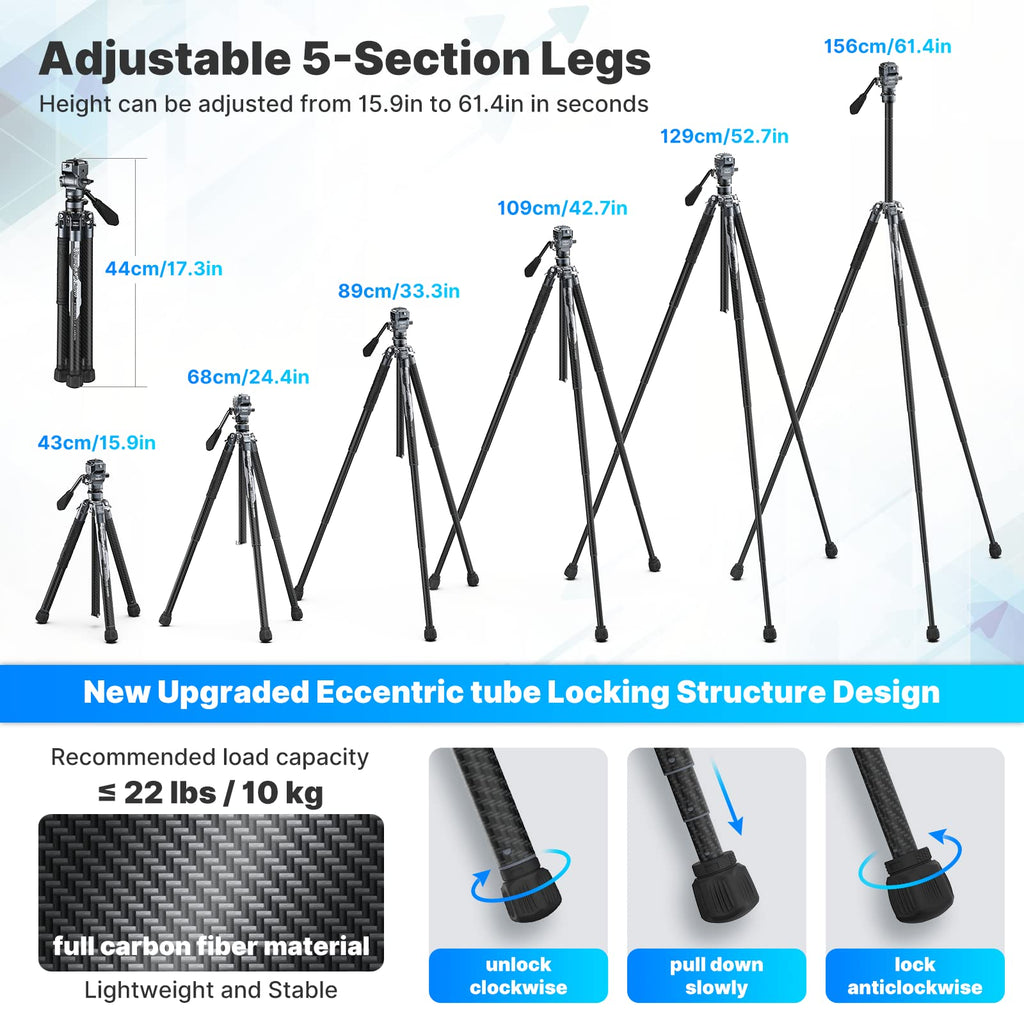 ULANZI F38 Video Travel Tripod, 61.4" Carbon Fiber Tripod w Quick Release Fluid Head, 2.38lbs Ultra Lightweight Portable Stable Professional Camera Photo Video Tripod, Load up to 22lbs, with Bag