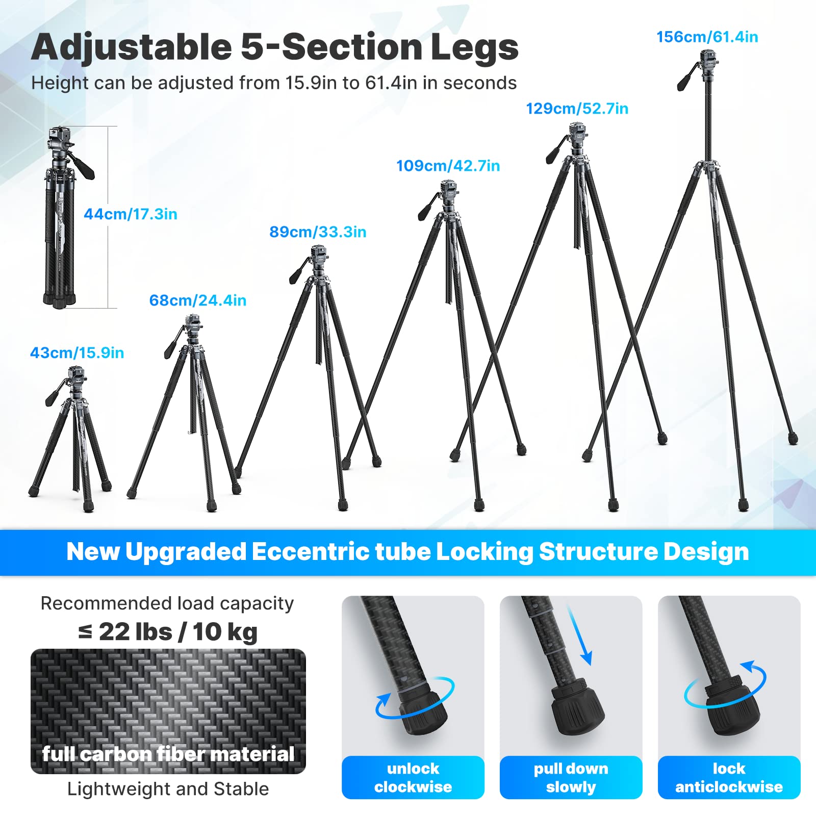 ULANZI F38 Video Travel Tripod, 61.4" Carbon Fiber Tripod w Quick Release Fluid Head, 2.38lbs Ultra Lightweight Portable Stable Professional Camera Photo Video Tripod, Load up to 22lbs, with Bag