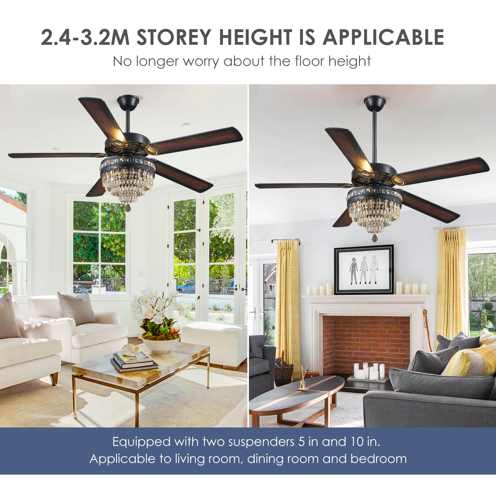 Asyko 62" Crystal Ceiling Fan Fandelier with Lights - Black Modern Crystal Chandelier Fans with Remote Control，Noiseless DC Motor, Retro/Farmhouse Lighting, Dining Room， Living Room