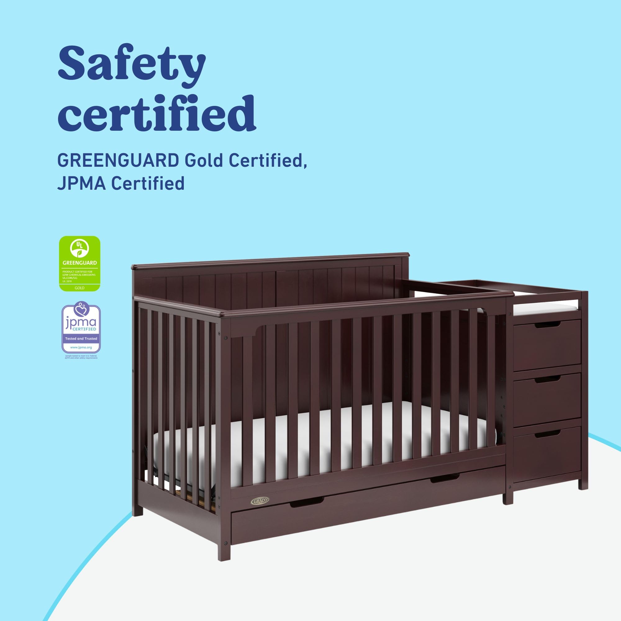 Graco Hadley 5-in-1 Convertible Crib & Changer – GREENGUARD Gold Certified, Fits Standard Crib Mattress, Converts to Toddler Bed and Full Bed, 4 Adjustable Mattress Heights (Espresso)