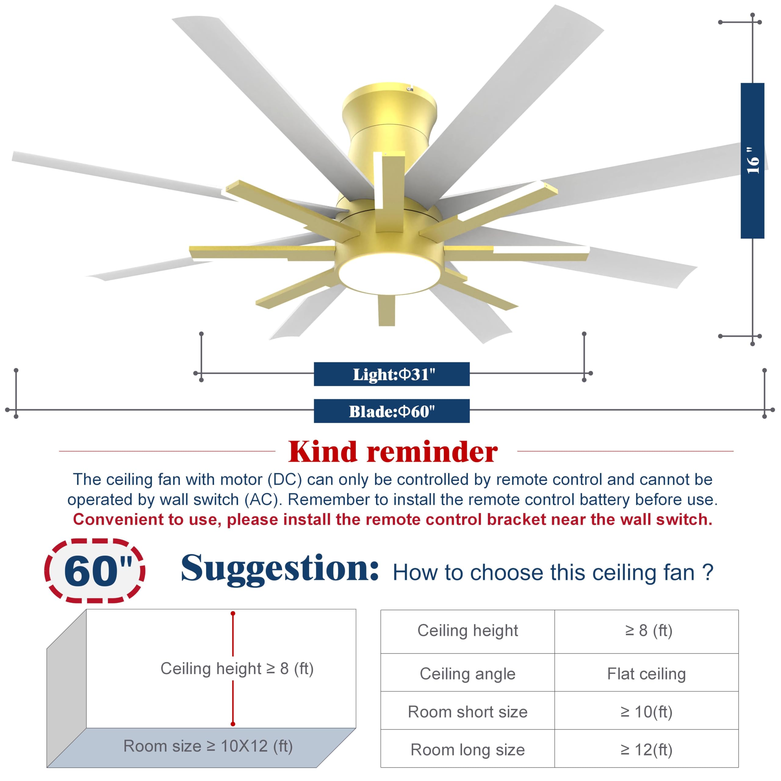Fande-Aire 60 inch White Ceiling Fans with Lights and Remote, Flush Mount Ceiling Fan for Living Room Bedoom，6 Speed Reversible，8 Blades and 9 Lights，3 CCT，White Gold