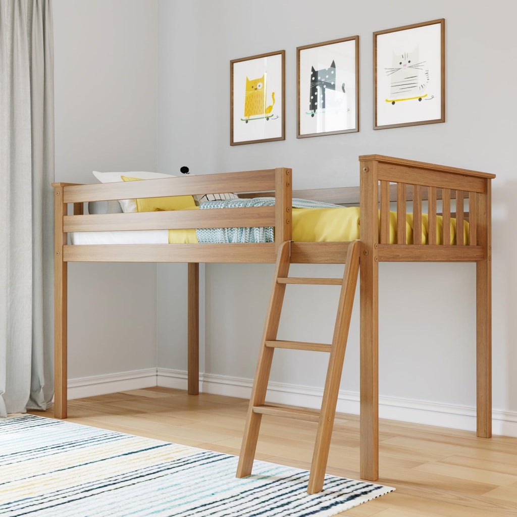 Max & Lily Classic Twin Low Loft Bed with Angled Ladder and 14-Inch Safety Guardrails, Solid Pine Wood Kids Bedroom Furniture, Space-Saving Loft Design, Clay