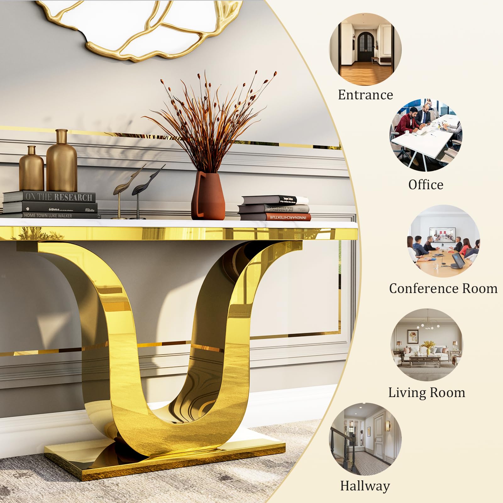 Anewsun Gold Console Table, White and Gold Living Room Sofa Table, 50" Rectangle Console Table for Entryway, Living Room, Office, Foyer, Front Hall, Hallway