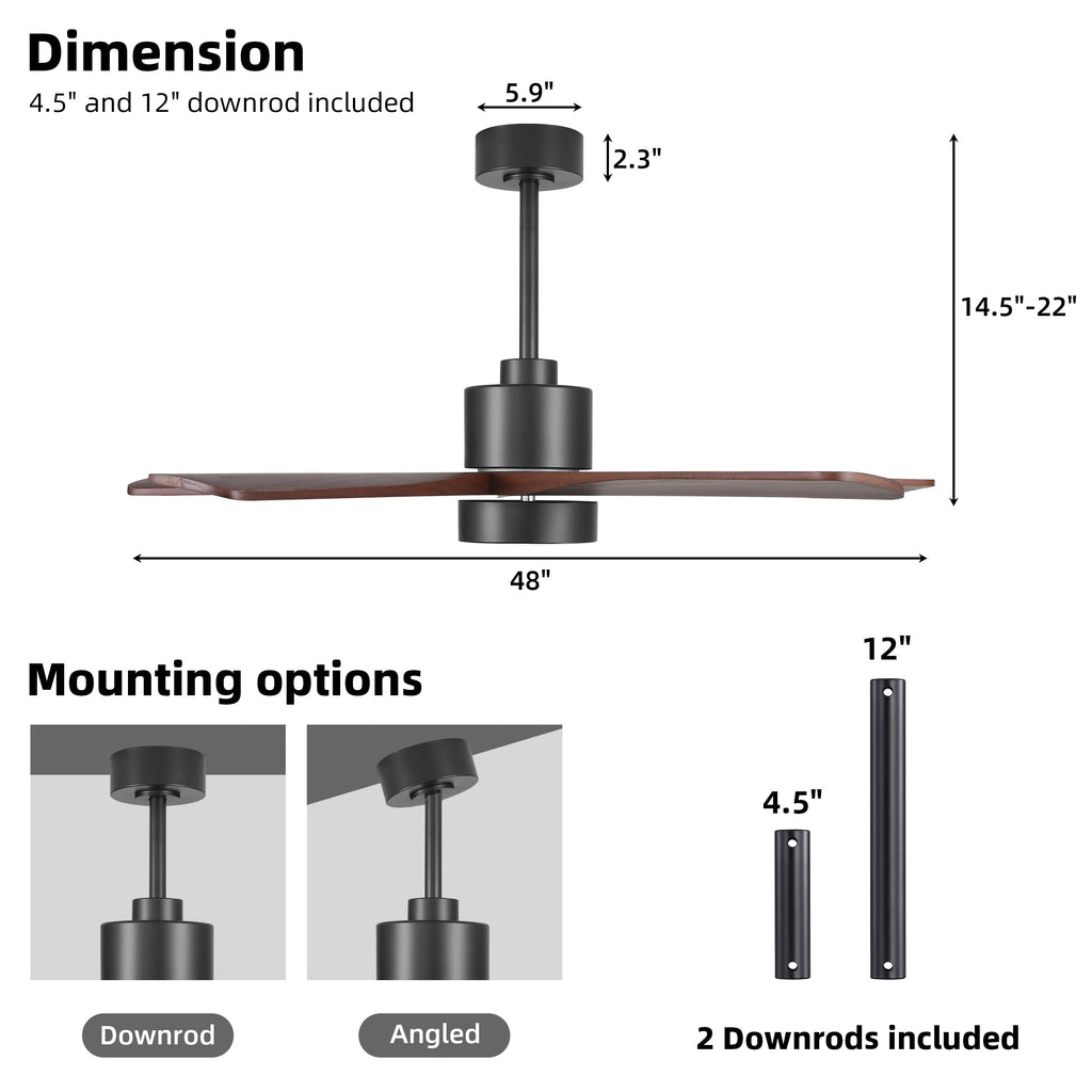WINGBO 48 Inch DC Ceiling Fan with Lights and Remote Control, 5 Carved Solid Wood Blades, 6-Speed Noiseless Reversible DC Motor, Indoor Ceiling Fan in Matte Black Finish with Walnut Blades
