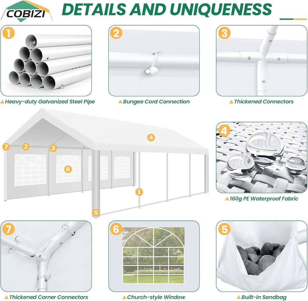 COBIZI 13x26 Party Tent Heavy Duty for Parties, Powder Coating (Better Than Galvanized), Large Outdoor Event Gazebo with Removable Sidewall & Built-in Sandbag, Waterproof for Church & Wedding, White