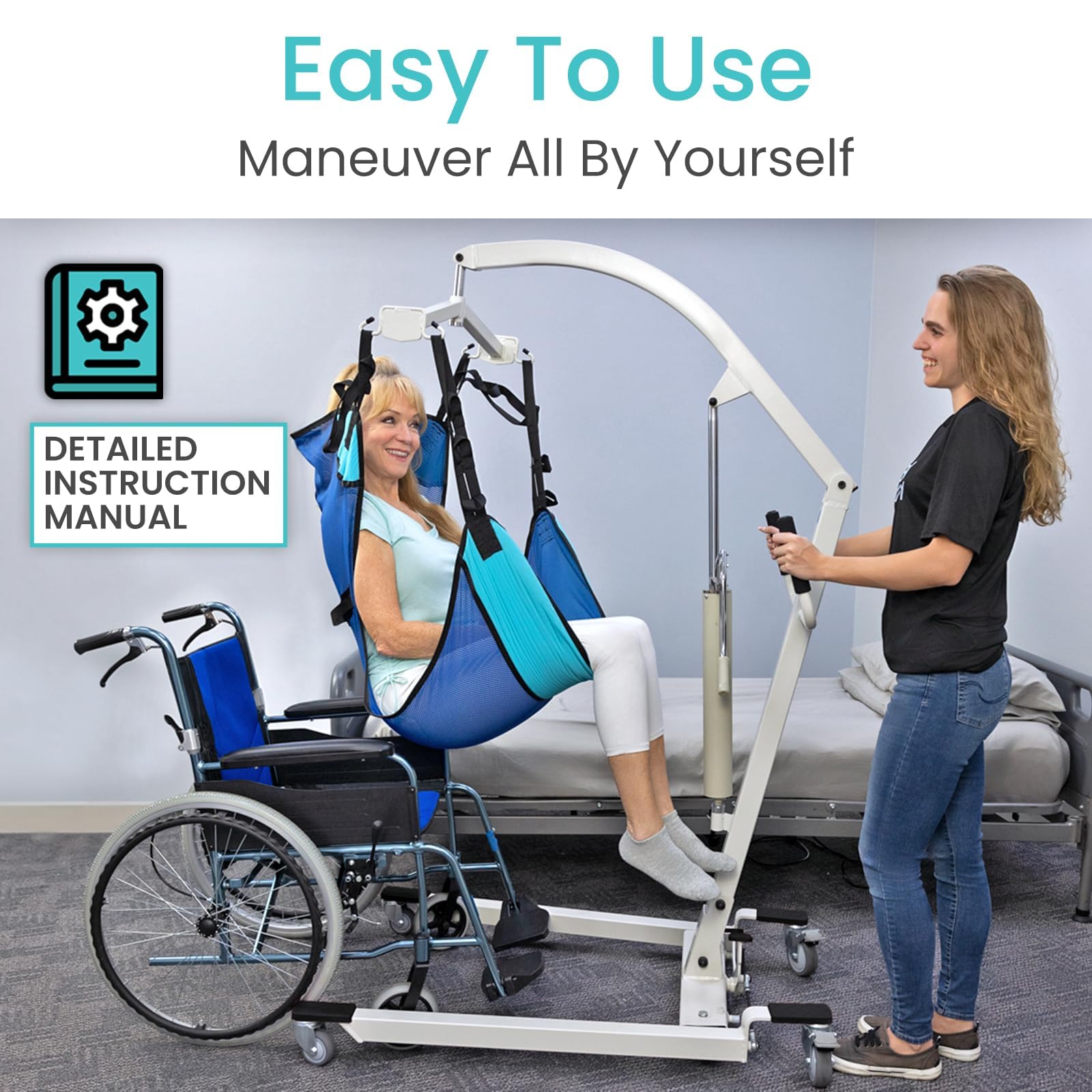 Vive Hydraulic Patient Lift for Home Use - Portable, Medical Patient Transfer Lift System - Sit to Stand Lift Assist for Elderly - Floor & Fall Elderly Lift - for Car, Wheelchair, Chair & Bed Transfer