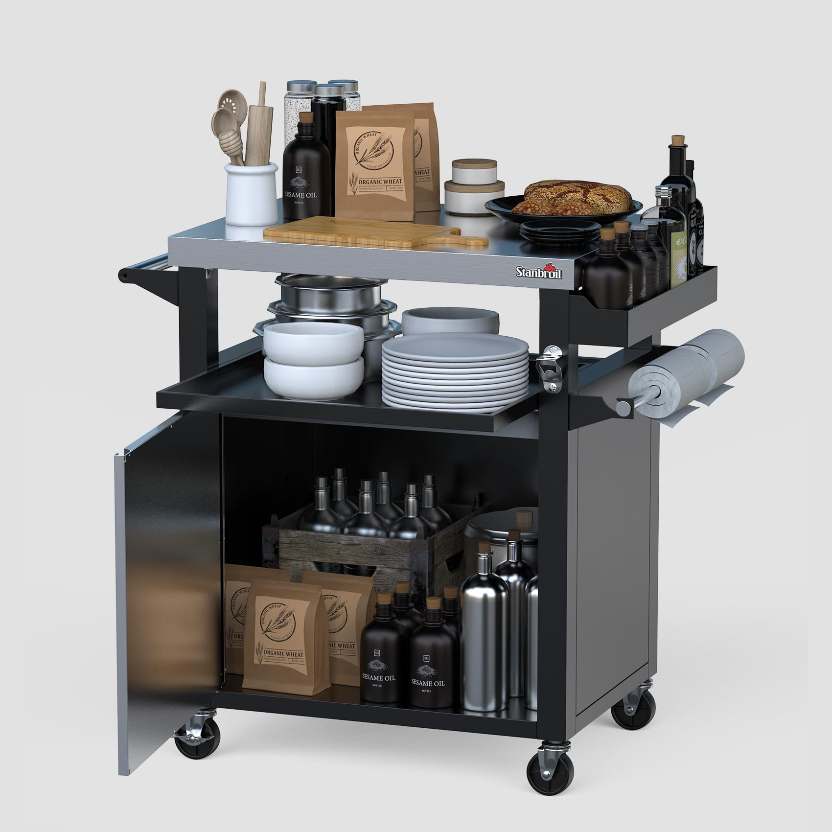 Stanbroil Rolling Grill Table Cart with Storage Cabinet, 3-Shelf Movable Prep Table Outdoor Bar, Multifunctional Grill Cart with Stainless Steel Tabletop, Paper Towel Holder