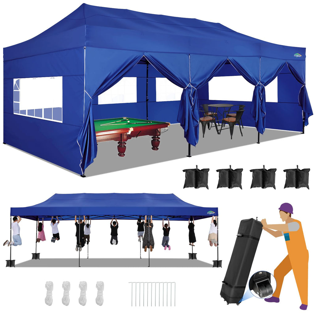 COBIZI 10x30 Heavy Duty Pop up Canopy with 8 sidewalls Stable Wedding Outdoor Tents for Parties Canopy Pop Up Party Tent UPF 50+ Waterproof Commercial Gazebo with Roller Bag, Navy Blue Upgraded