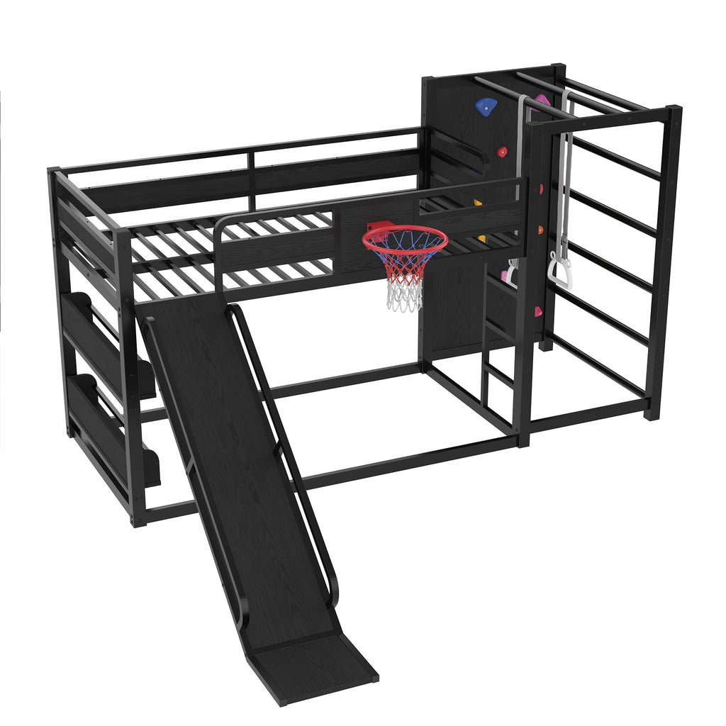 Bellemave Twin Size Bunk Bed with Basketball Hoop, Pull-up Rings and Climbing Wall, Twin Bunk Bed with Slide and Bookcase, Heavy Duty Bunk Beds with Guardrail, Black