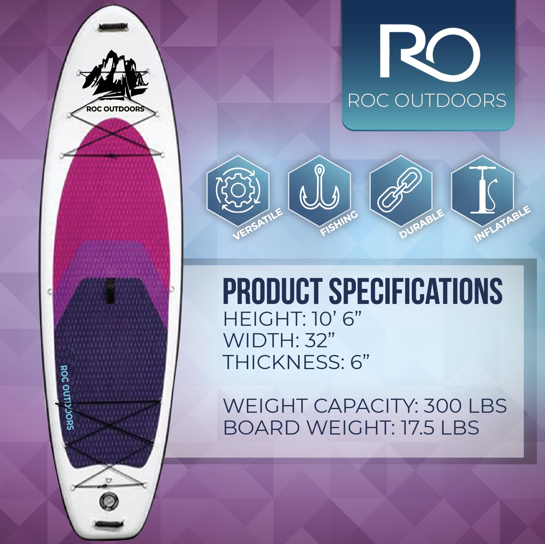 Roc Inflatable Stand Up Paddle Board 10' 6" with Premium SUP Paddle Board Accessories, Wide Stable Design, Non-Slip Comfort Deck for Youth & Adults (Violet)