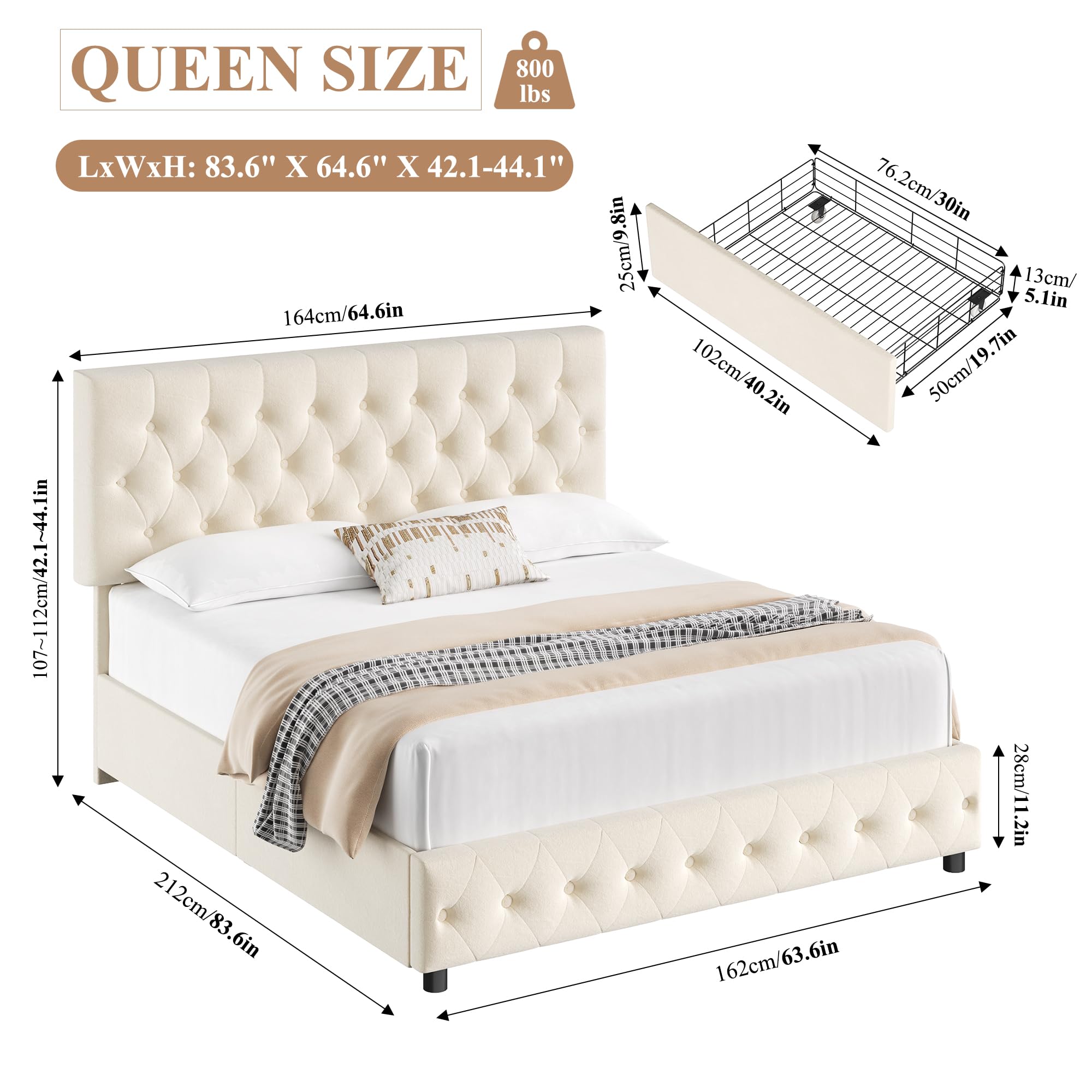 Keyluv Modern Queen Size Upholstered Bed Frame with 4 Storage Drawers, Button Tufted Headboard Design, Solid Wooden Slat Support, Easy Assembly, Soft Velvet, Beige