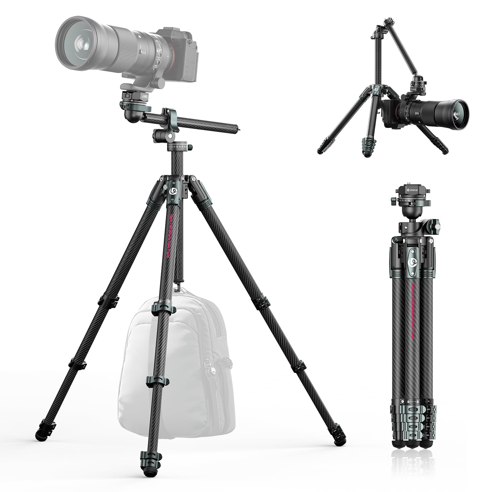 ULANZI JJ05 GlideGo Carbon Fiber Photo Tripod, Dual 360° Pan Head, 72.4 inch Max Height, 11 lb Load, UKA Quick Release, Professional Portable Lightweight Travel Tripod with Bag