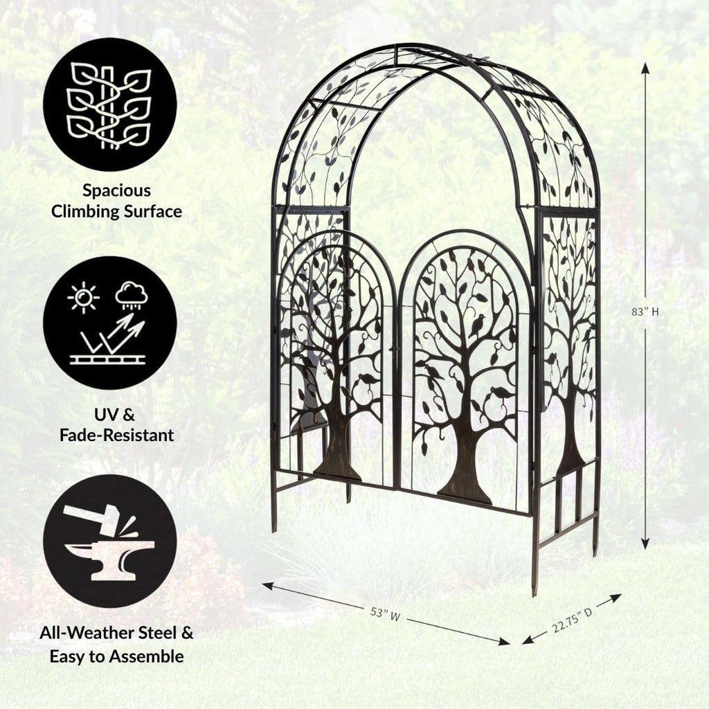 Plow & Hearth Metal Tree of Life Arched Garden Arbor with Gate | 7 feet Tall Laser-Cut Design | Plant Support for Heavy Vines | Landscape Focal Point | Iron Steel