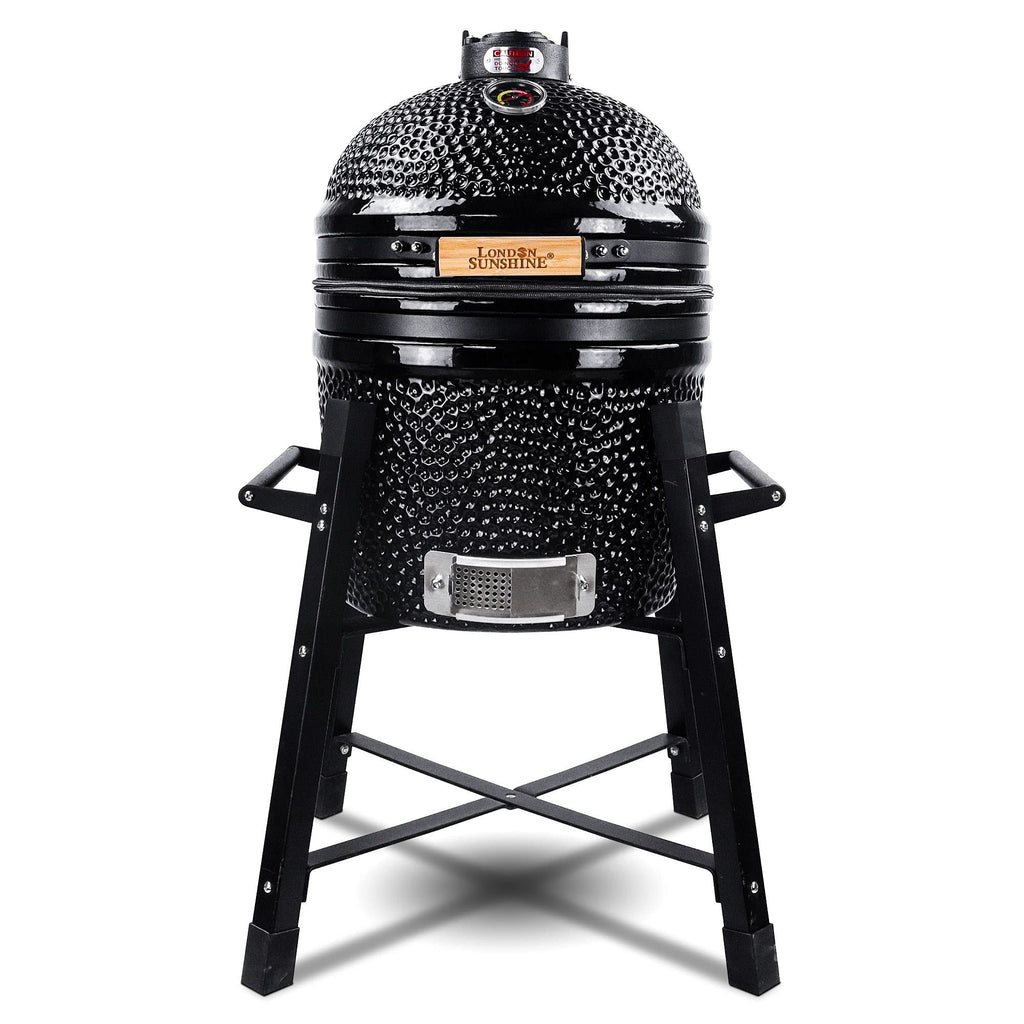 London Sunshine Ceramic Kamado Charcoal BBQ Grill and Smoker, Stainless Steel Grates -15" Ceramic with Tall Stand (BLACK)