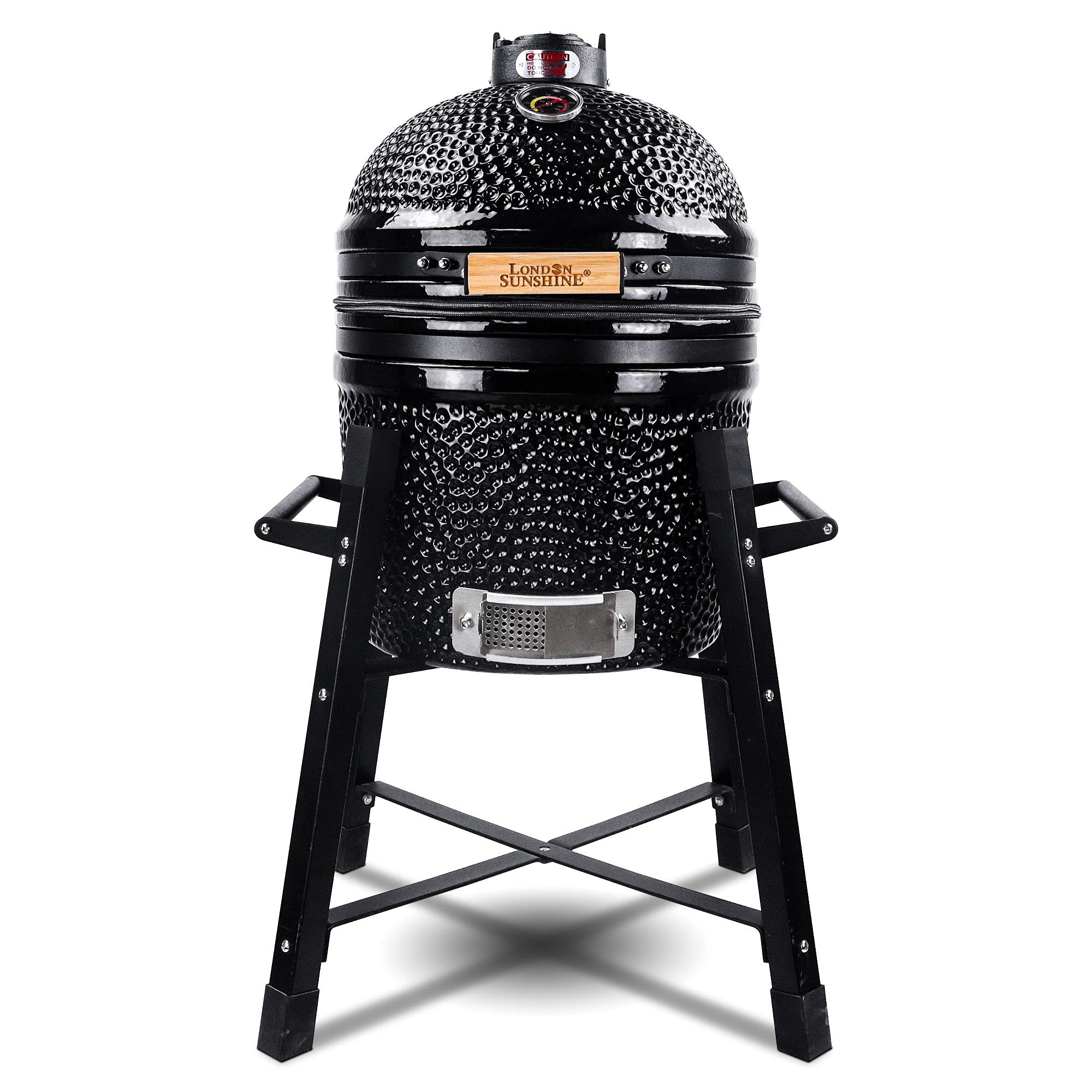 London Sunshine Ceramic Kamado Charcoal BBQ Grill and Smoker, Stainless Steel Grates -15" Ceramic with Tall Stand (BLACK)