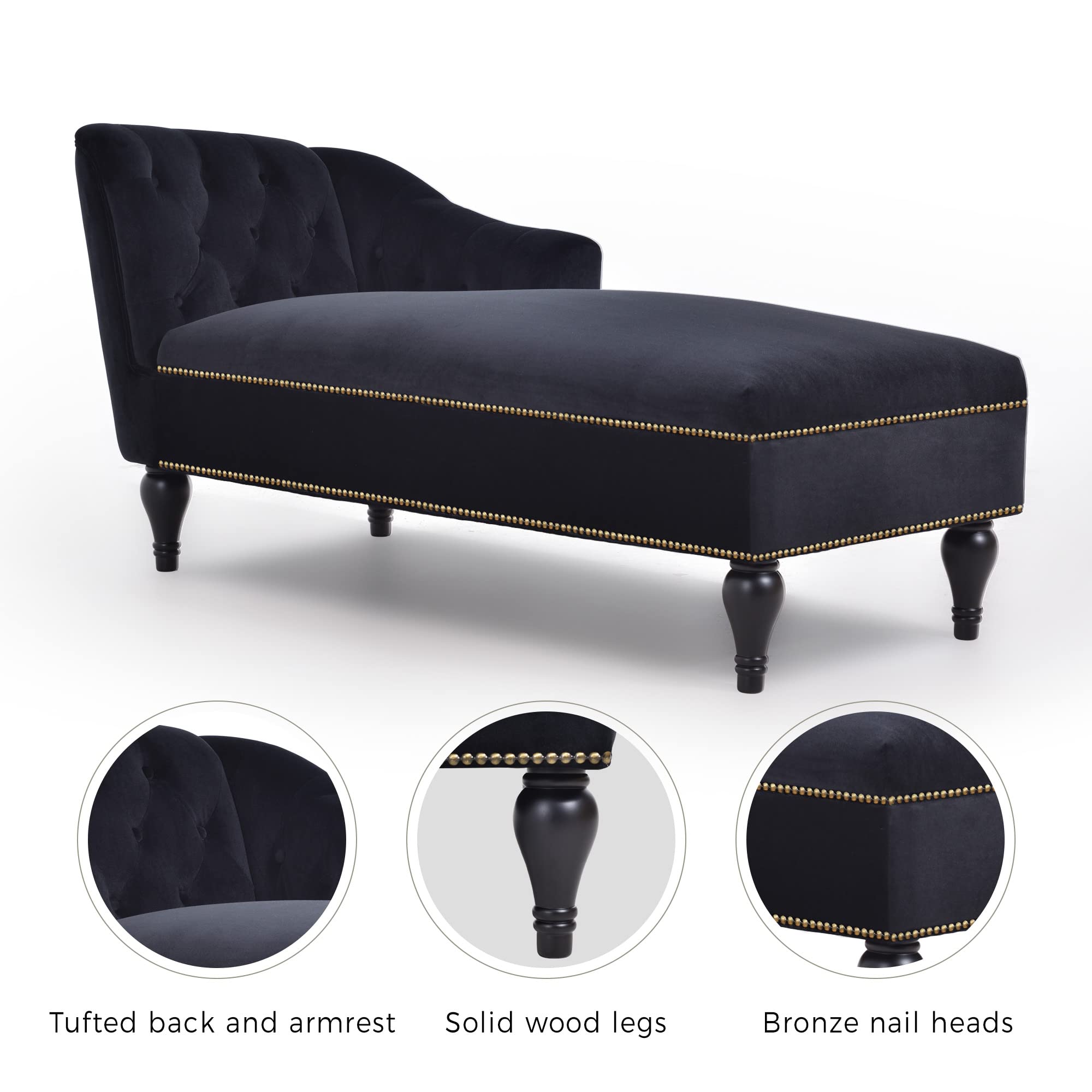 GDFStudio 58" Upholstered Chaise Lounge Chair Indoor, Modern Velvet Lounge Chaise with Button Tufted Arm, Nailhead Trim & Solid Wood Legs, Sleeper Bed Recliner Chair for Living Room Bedroom, Black
