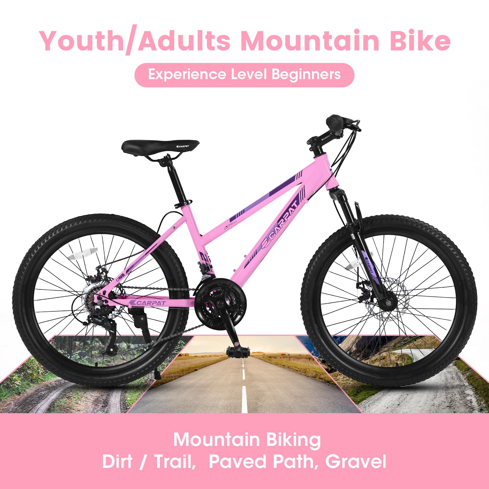 Ecarpat Women's Mountain Bike 24/26 Inch Wheels, 21-Speed Trail Commuter City Mountain Bikes, 15"/17" Carbon Steel Frame Female Bicycles Disc Brakes Front Fork