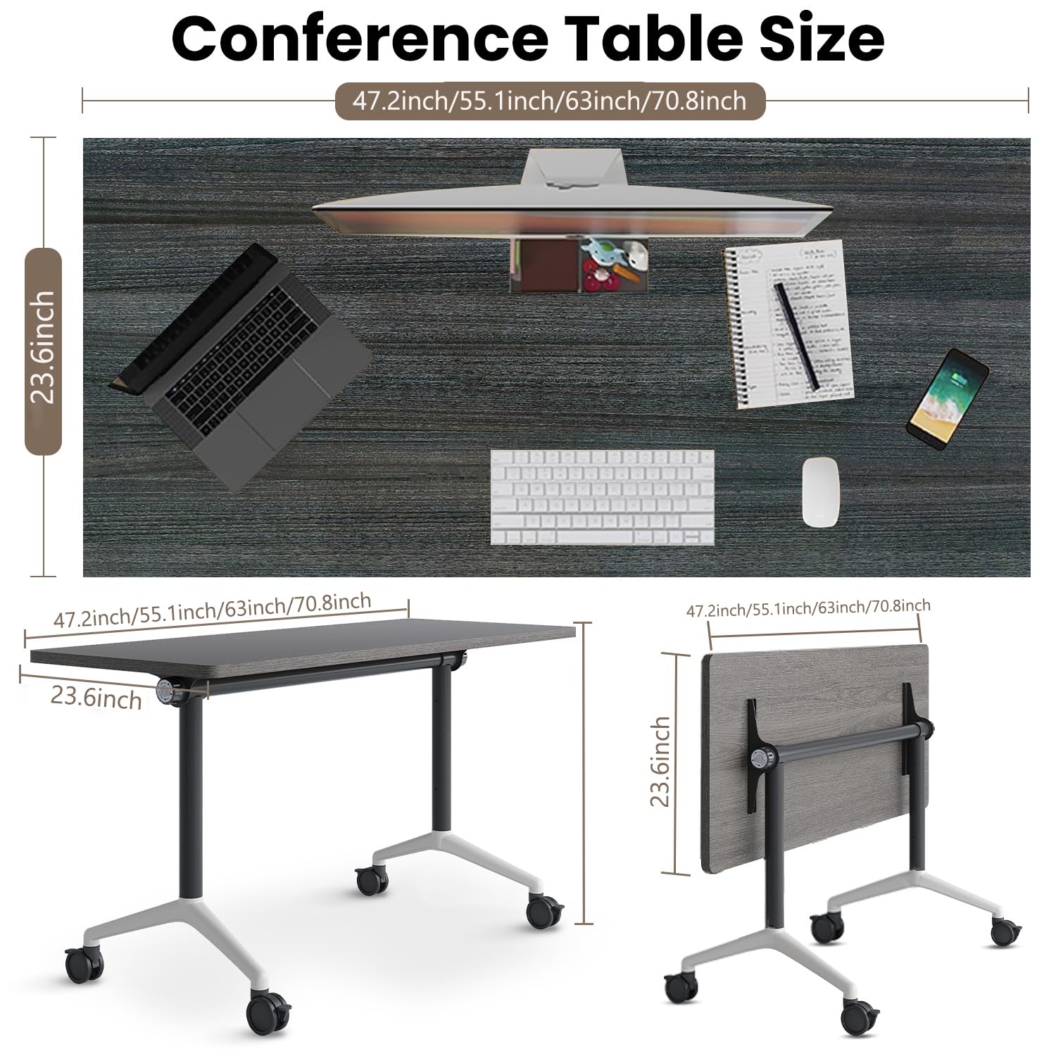 Folding Conference Room Tables, Seminar Conference Table Modern Flip Top Training Meeting Tables, Conference Room Table with Wheels for Home Office Classr,4 Pack 55.1inch
