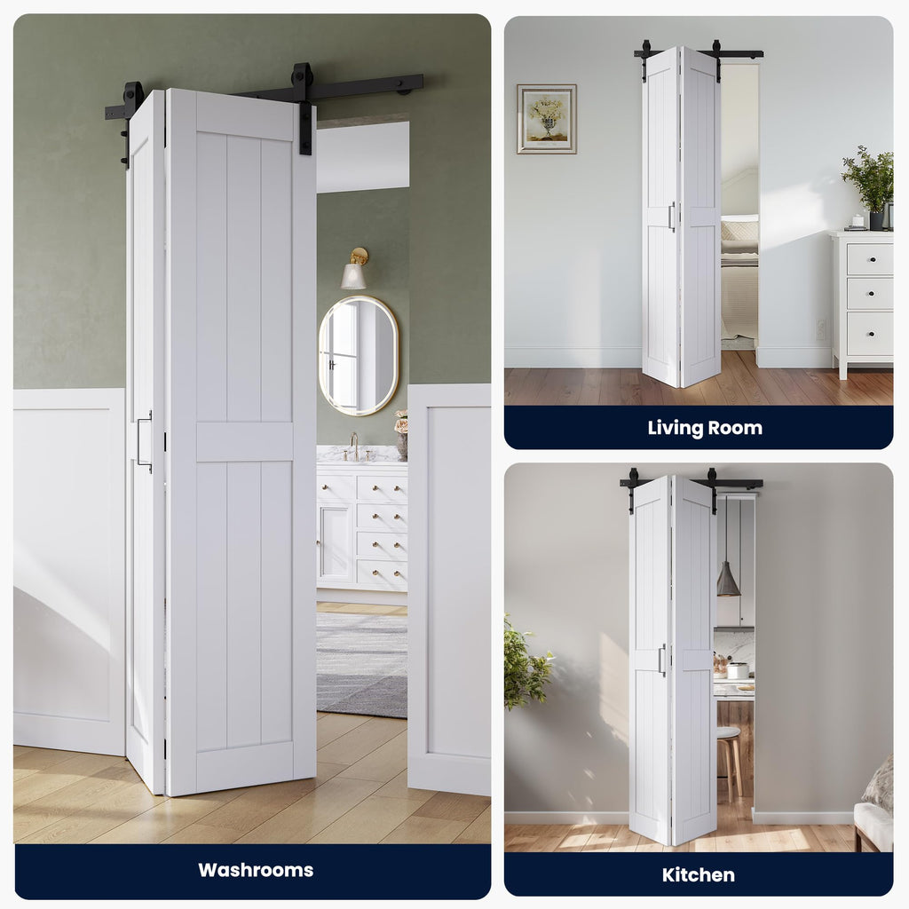 Bifold Barn Door 24" x 84", MDF Bi-Fold Sliding Closet Doors with Hardware Kit Included, Pre-Finished Easy Assembly, Water-Proof PVC Surface & Save Space, H-Frame, 28" Track for 2 Doors,White