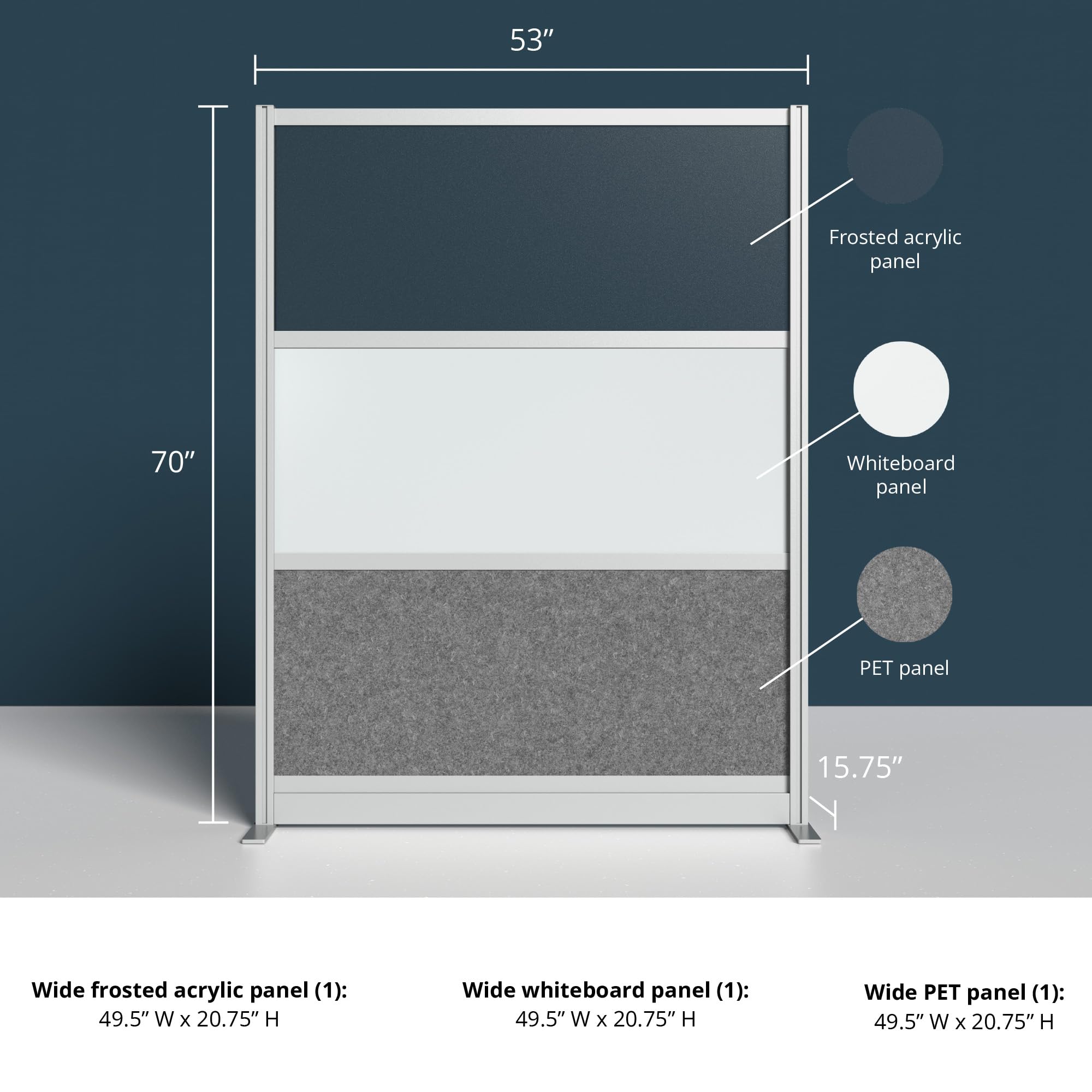Stand Up Desk Store Workflow Wide Modular Wall | 53'' x 70'' Wall | Expandable Partition Room Divider with Rearrangeable Frosted Acrylic, Sound Absorbent and Whiteboard Panels (Silver Frame)