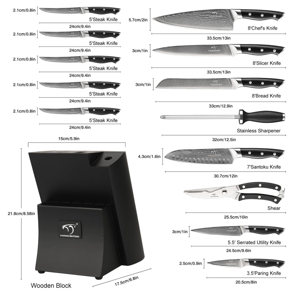 Damascus Kitchen Knife Set, 15-Piece Kitchen Knife Set with Block, ABS Ergonomic Handle for Chef Knife Set and Serrated Steak Knives Knife Sharpener and Kitchen Shears, 14 Slots Wooden Knife Block
