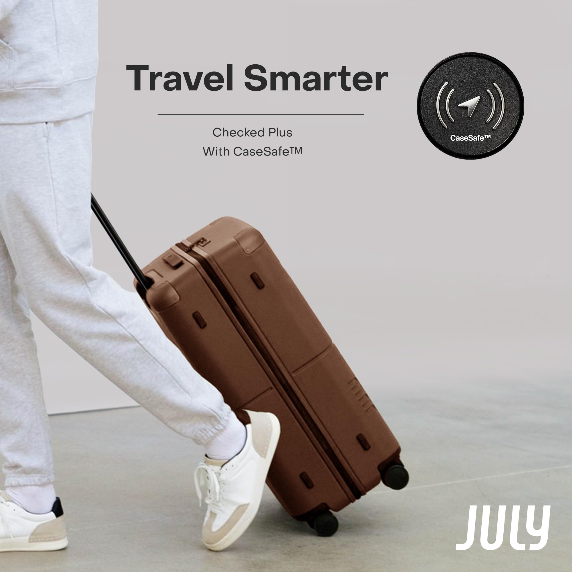 July Checked Plus with CaseSafe - 28.75" Built in Tracking, Airline Approved Check In Luggage with Wheels, Rolling Suitcase for Men & Women - Silent Spinner Wheels, Y-Strap - Dark Brown