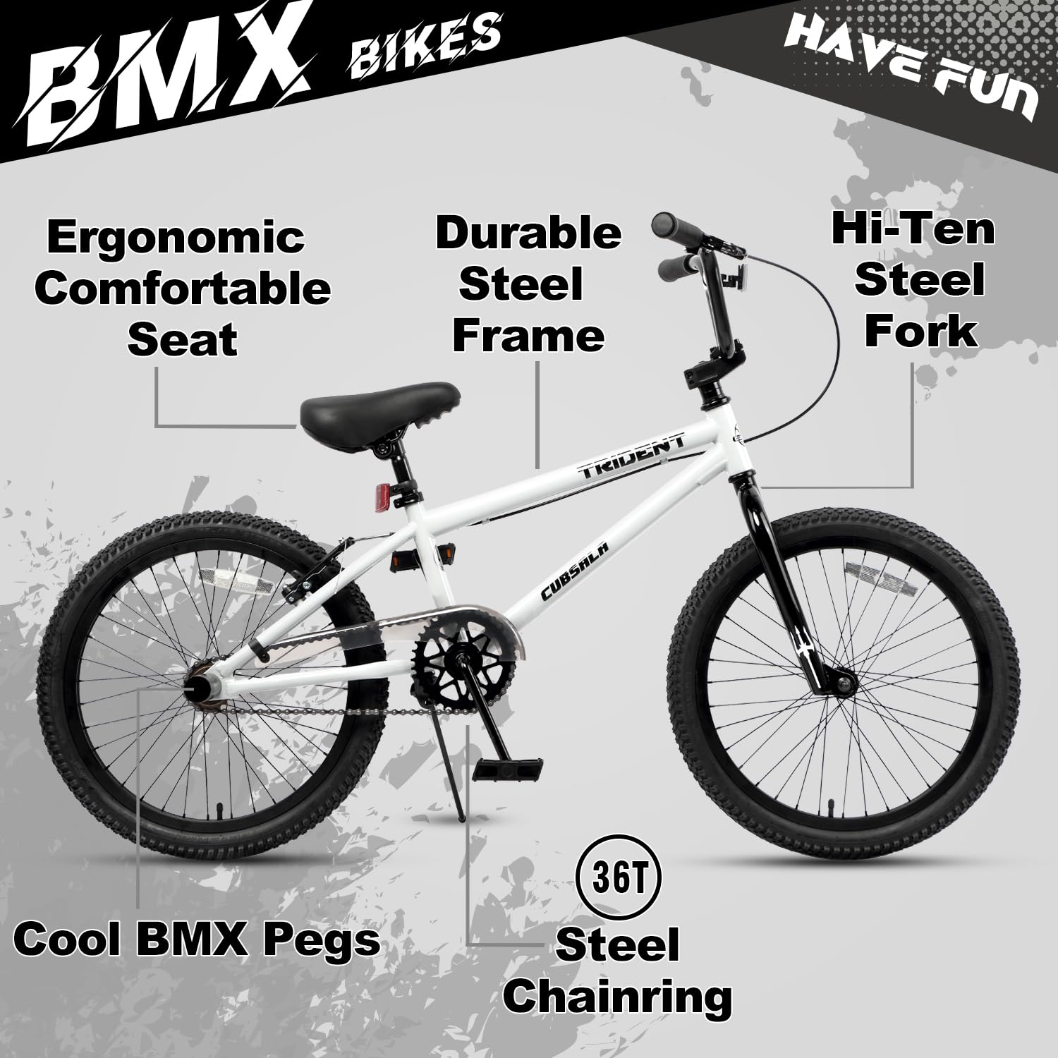 cubsala 20 Inch BMX Race Bike Trident Bicycles Beginner-Level to Advanced Riders with 2 Pegs Trick Cycling and Professional BMX Riding, Color White