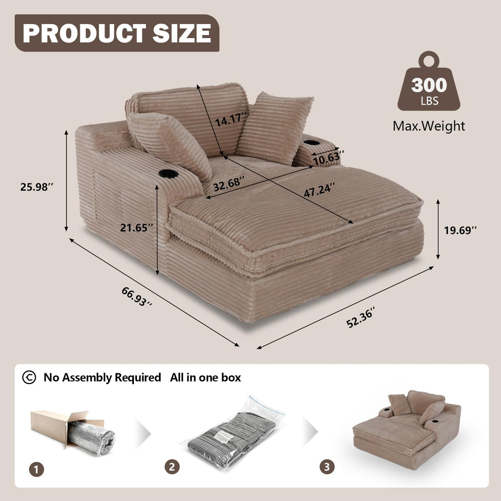 67" Oversized Chaise Lounge Chair Indoor, Soft Boneless Cloud Couch with 3 Pillows, 4 Side Pockets and 2 Cup Holders, Comfy Corduroy Sleeper Couch for Living Room Bedroom