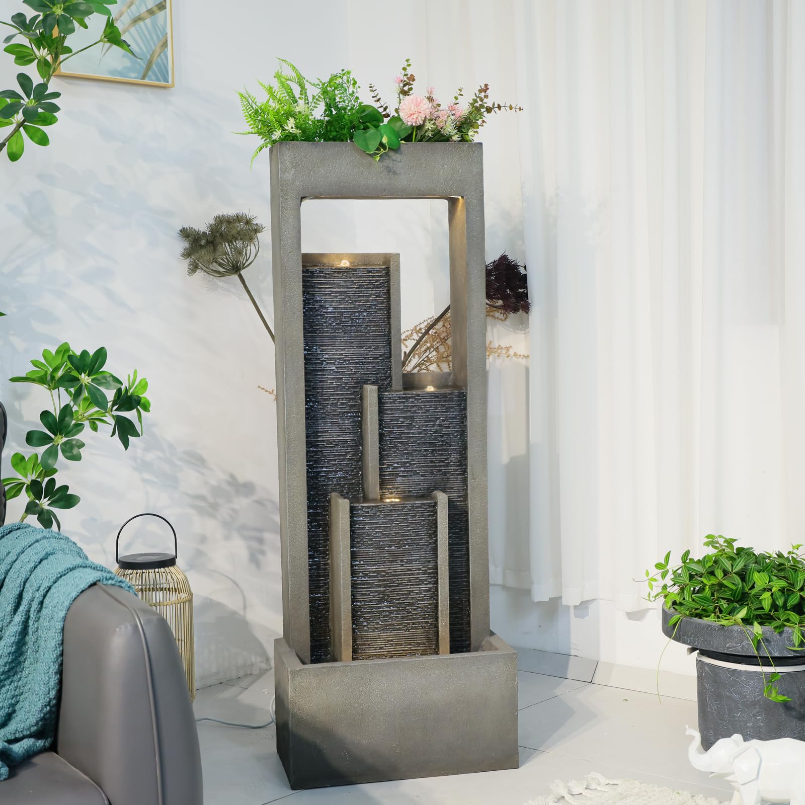 Takamota Indoor Waterfall Fountain, 52" Modern Tiered Indoor Water Feature with LED Lights, Resin Freestanding Garden Water Fountain for Patio, Room Decor Backyard Waterfall Feature, Gray Stone Look